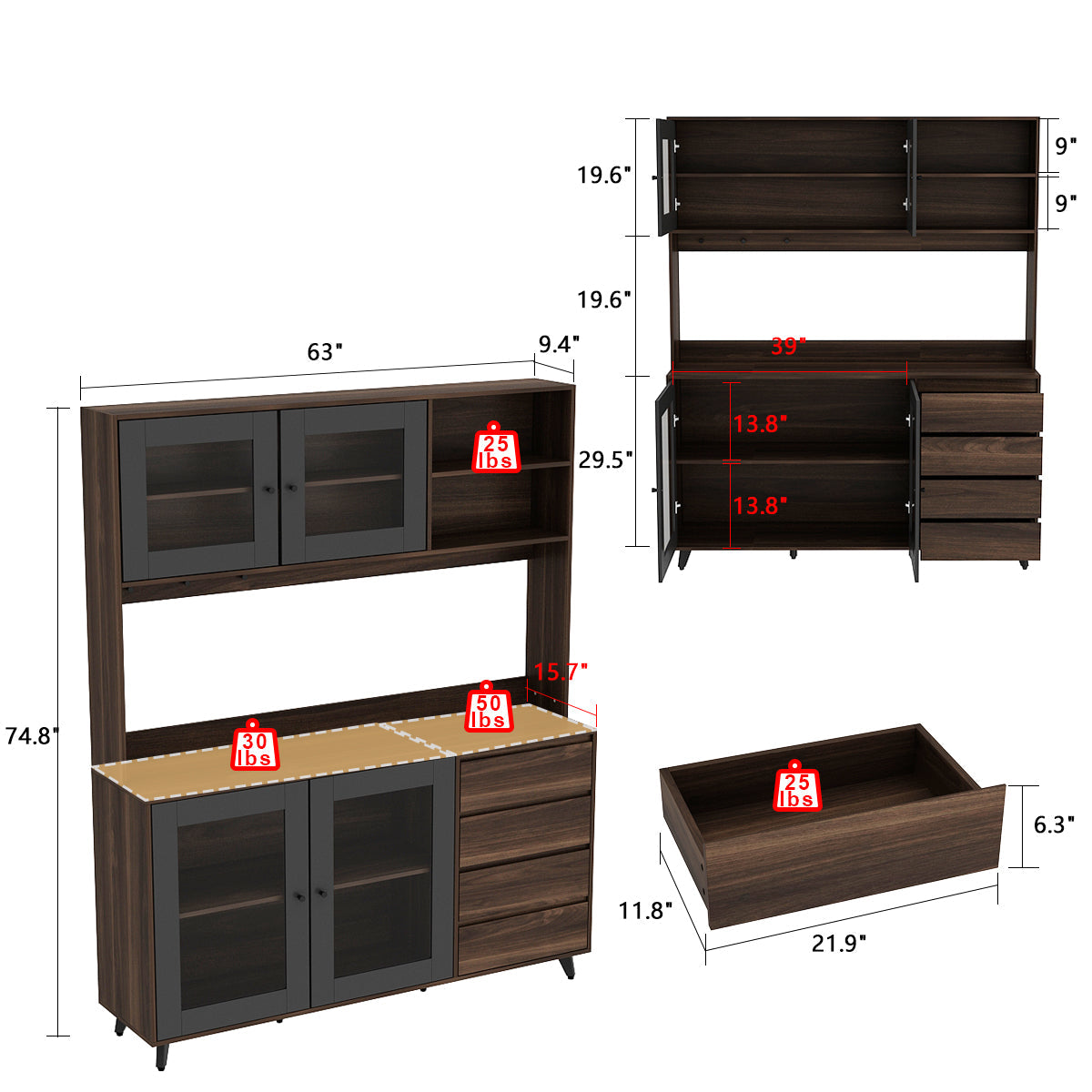 Storage Sideboard Cabinet Cupboard with Drawers and Glass Doors for Kitchen Organization