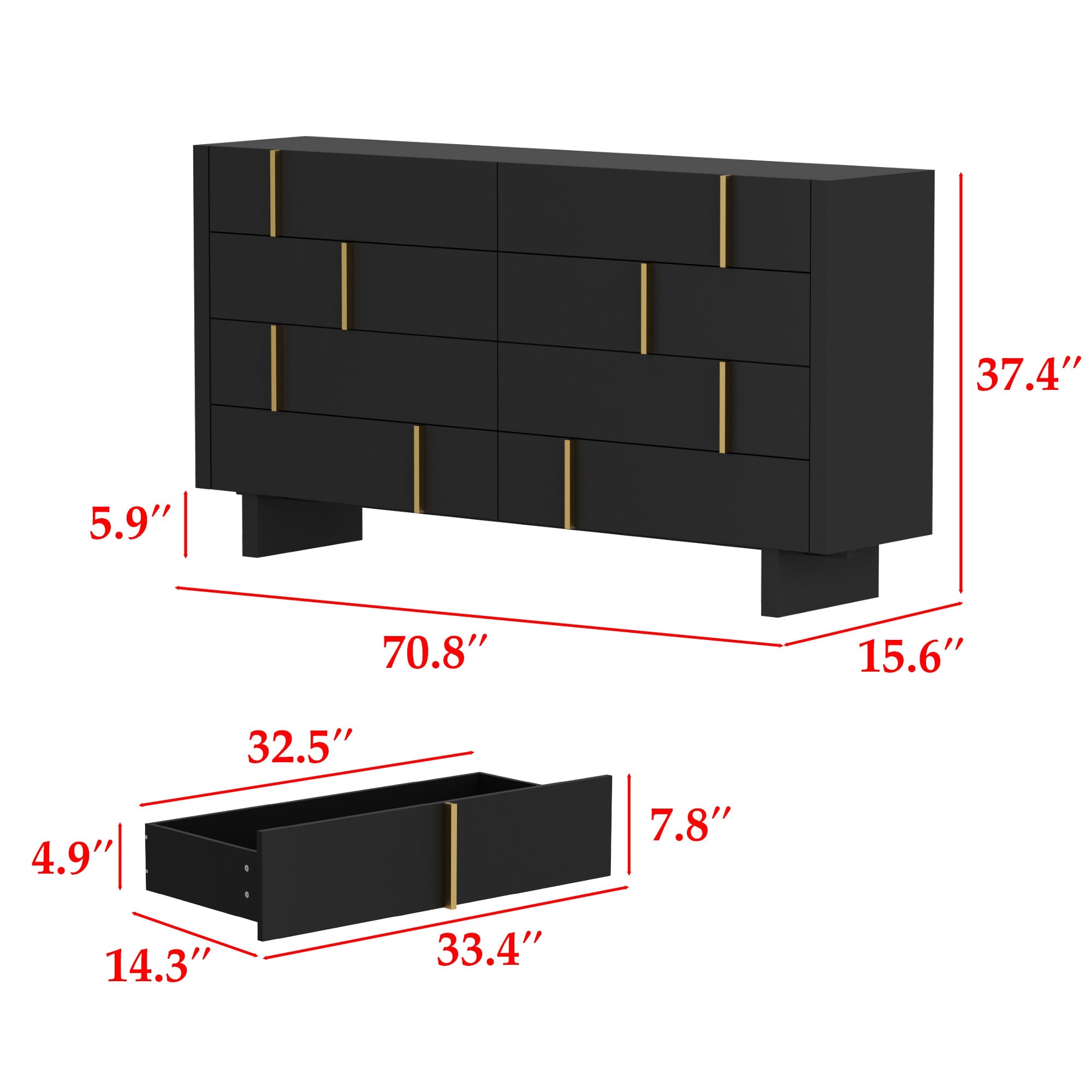 70.9 inches Modern Black Dresser With 8 Drawers And Gold Accents