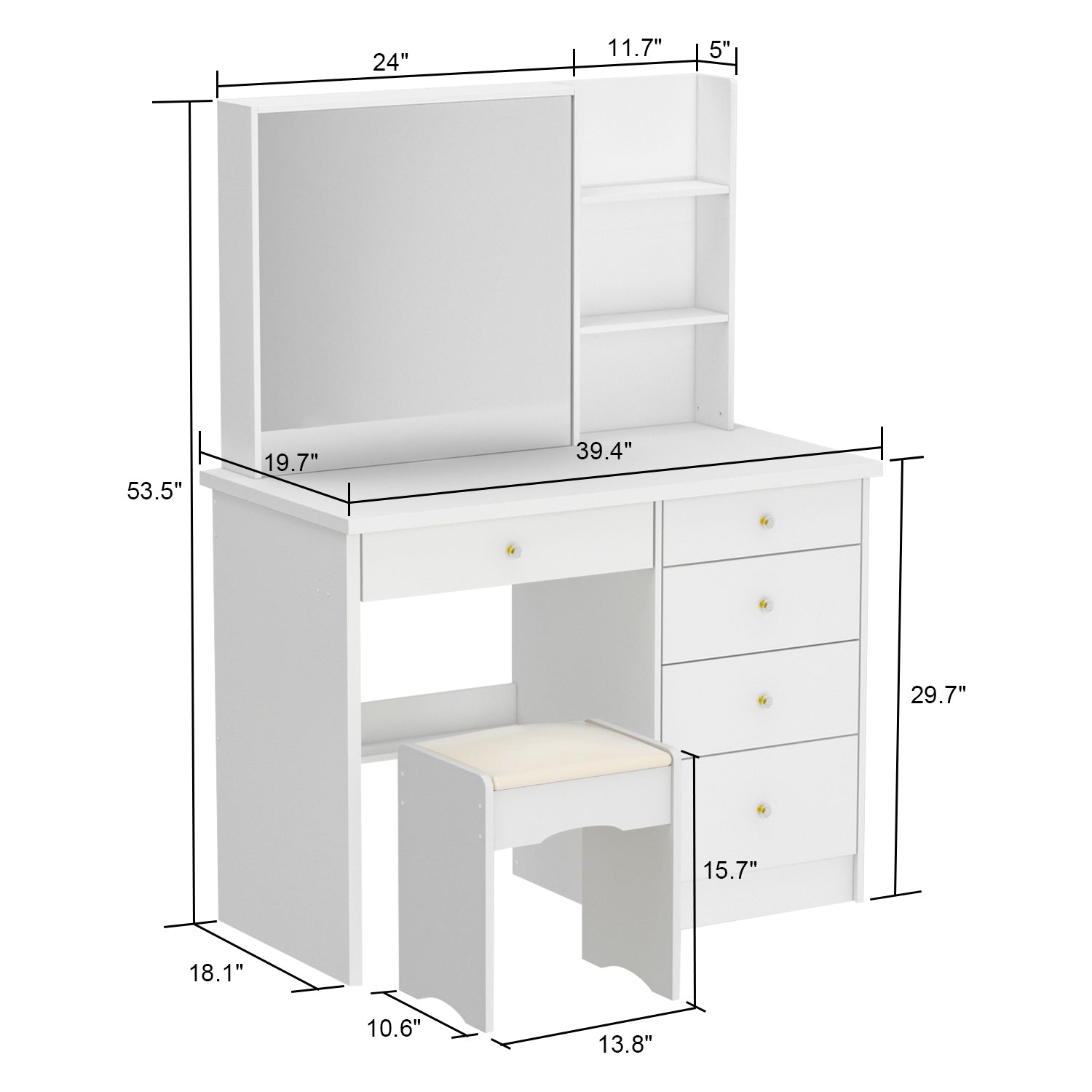 Makeup Vanity Set with Cushioned Stool, 5 Drawers & Shelves