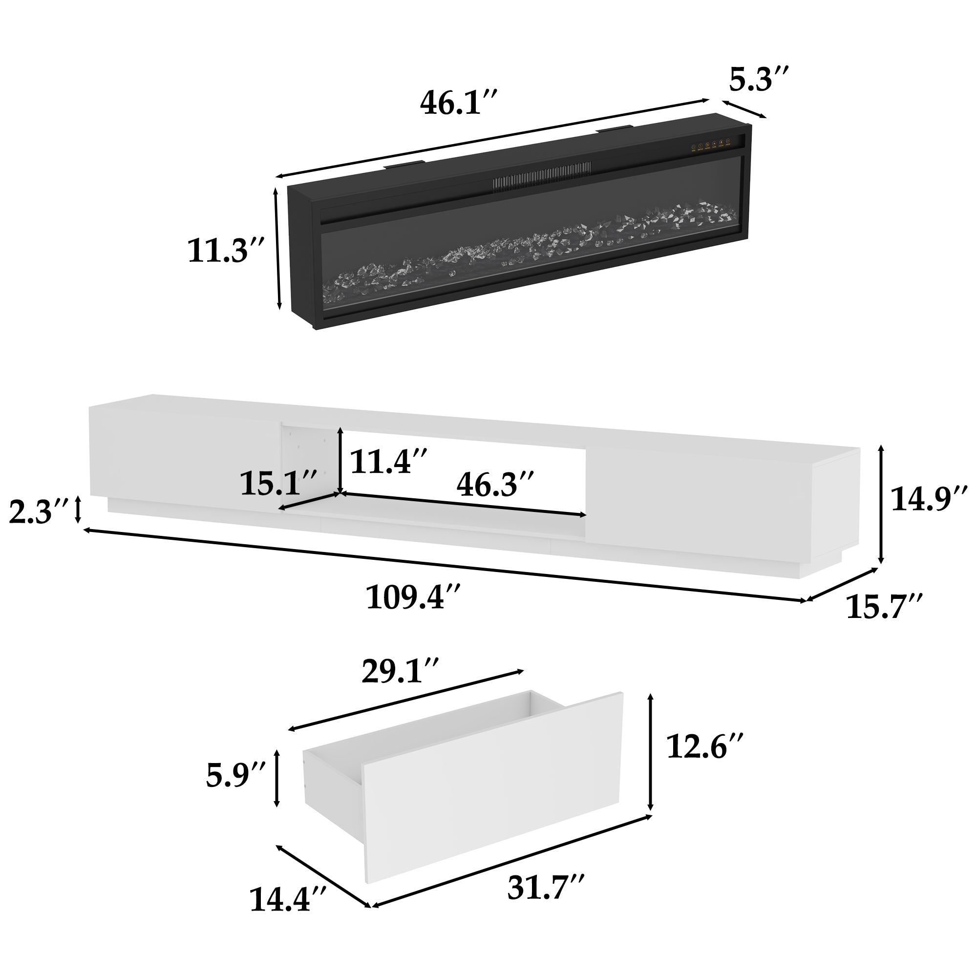 109'' W 2-Drawer TV Stand Media Console With Electric Fireplace Heater