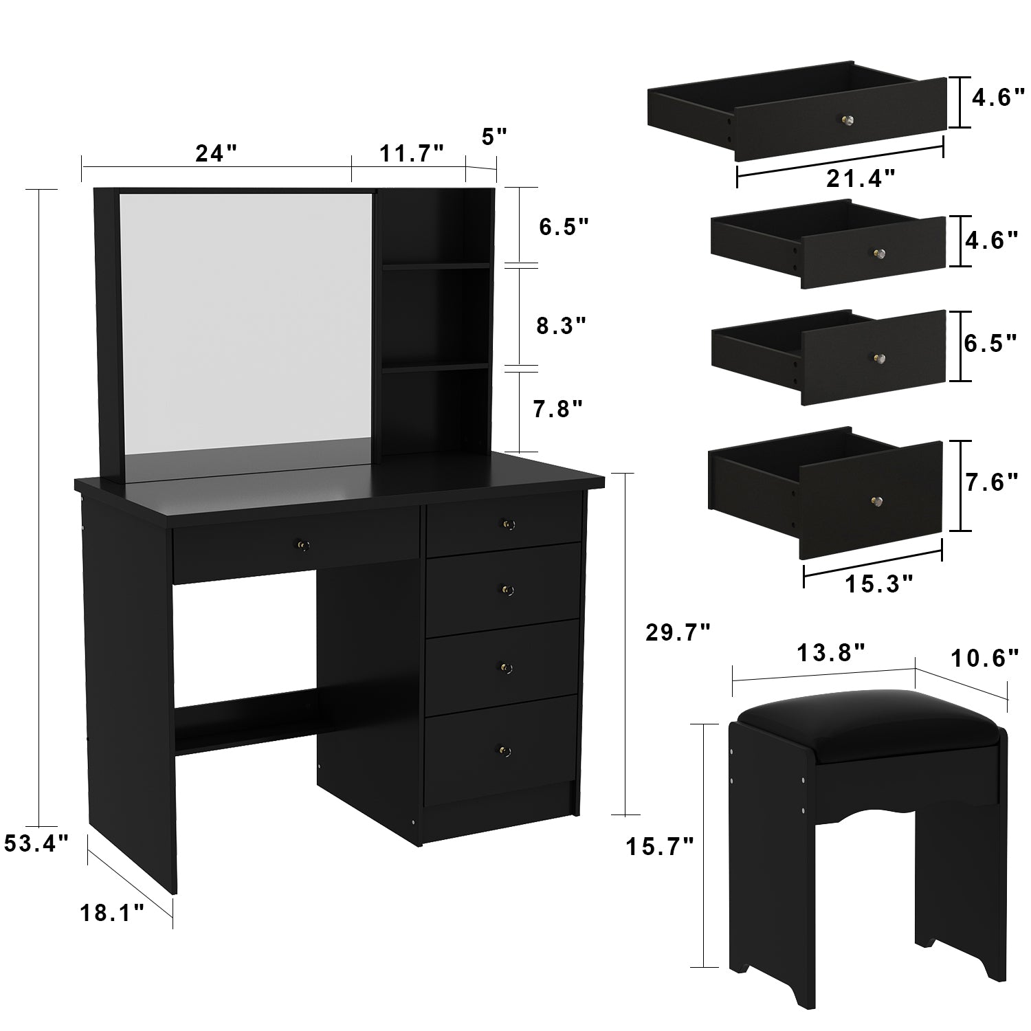 Makeup Vanity Set with Cushioned Stool, 5 Drawers & Shelves