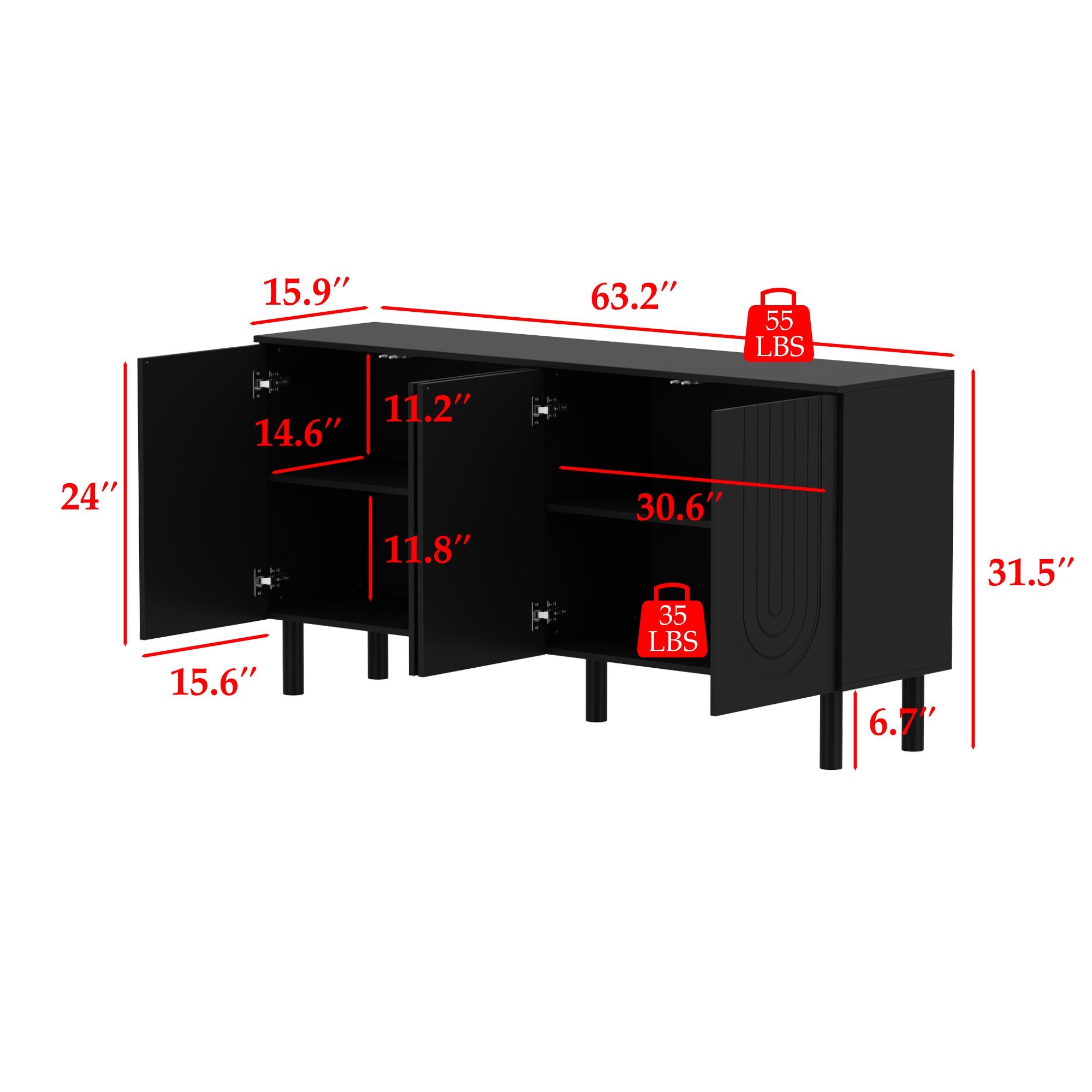 Sideboard Buffet Table Console Table in White Finish 4 U-Shaped Doors