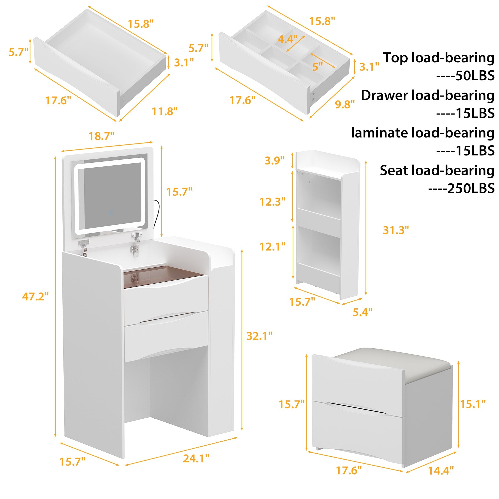 3 Drawers Flip Top Makeup Vanity Table With Storage Stool