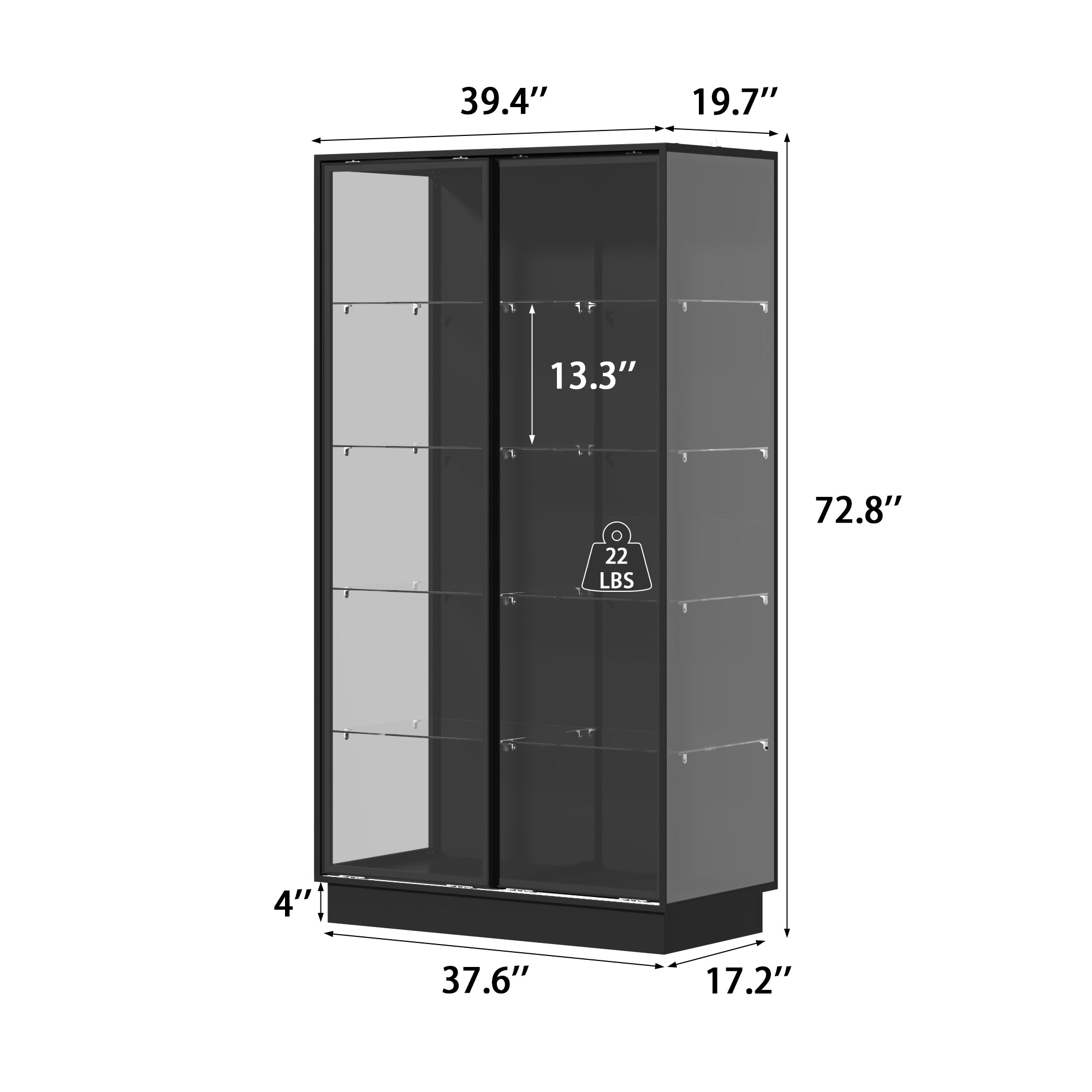 39.4 inches Modern Black 5-Tier Curio Cabinet with Sliding Glass Doors and LED Lights