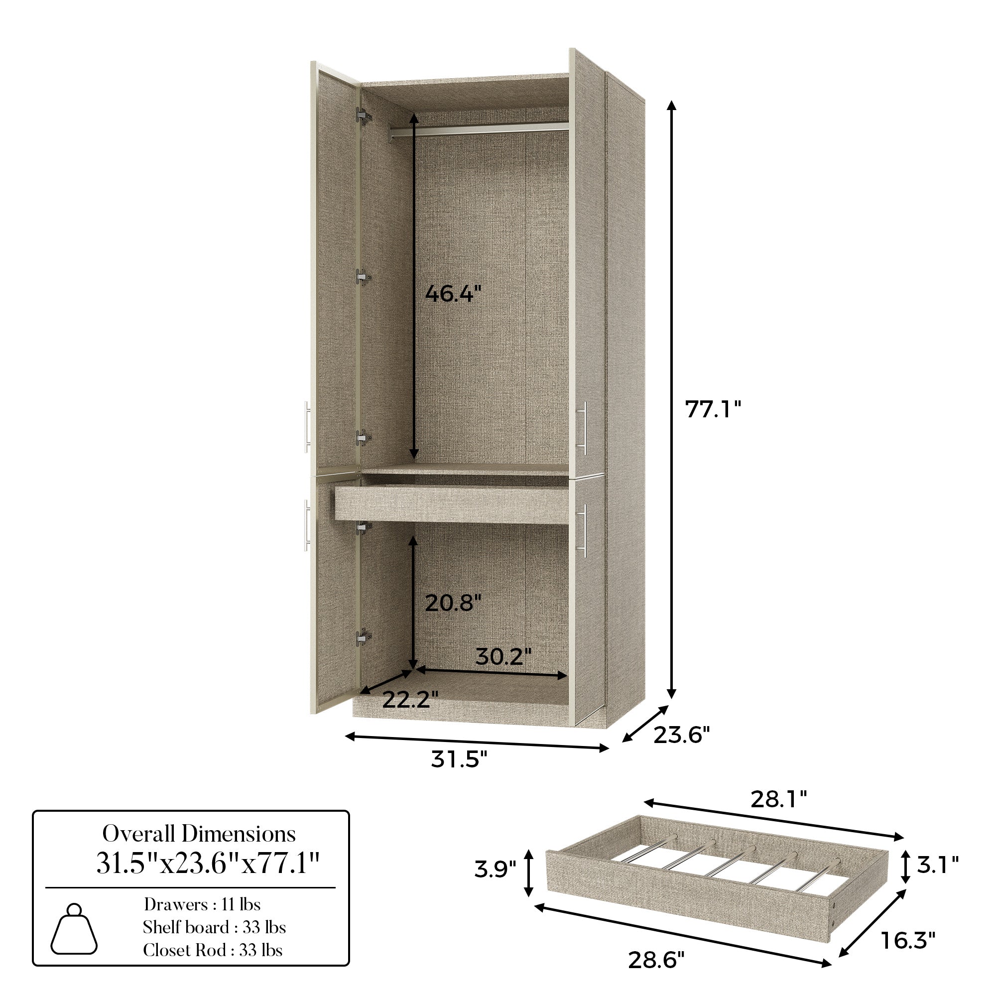 Beige armoire with pants rack and hanging rod