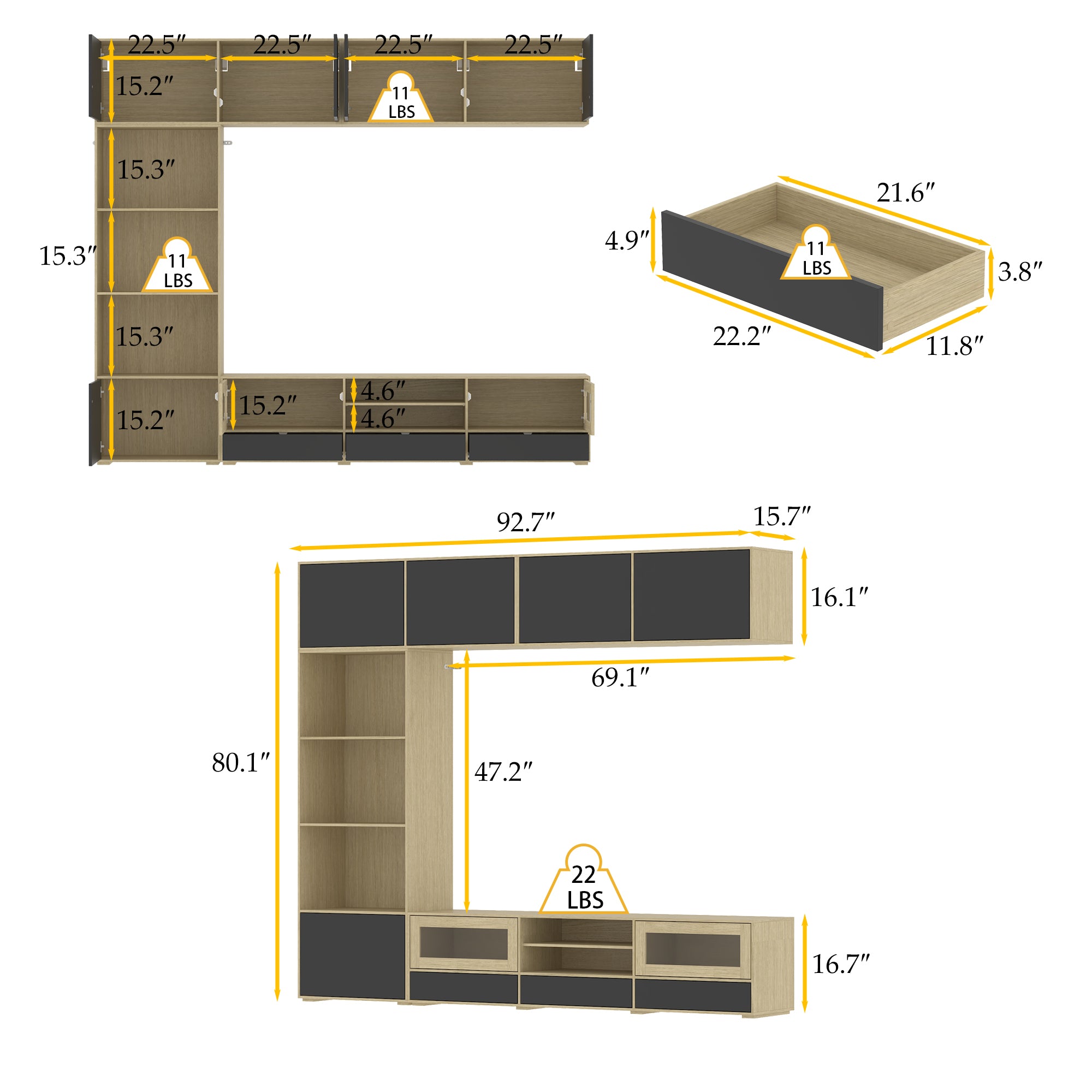 Modern 3-Piece Entertainment Center With Overhead Cabinets And 69" TV Stand, Natural Wood And Black Finish