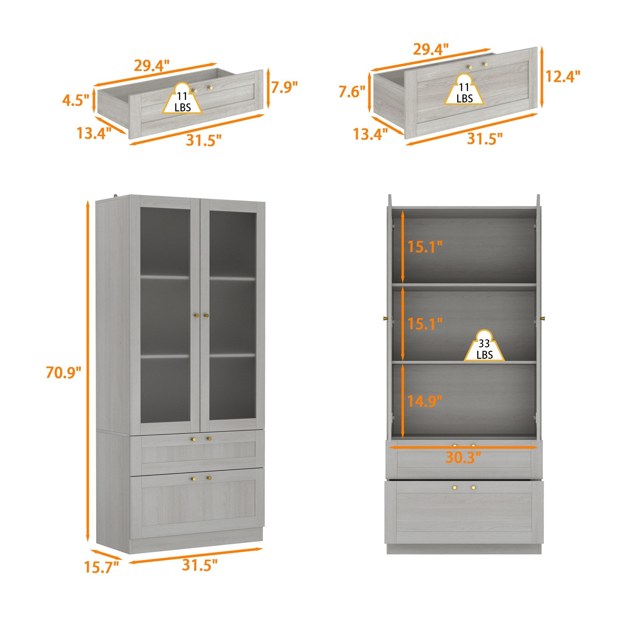 Elegant Glass Display Cabinet With Gold Handles And Storage Drawers