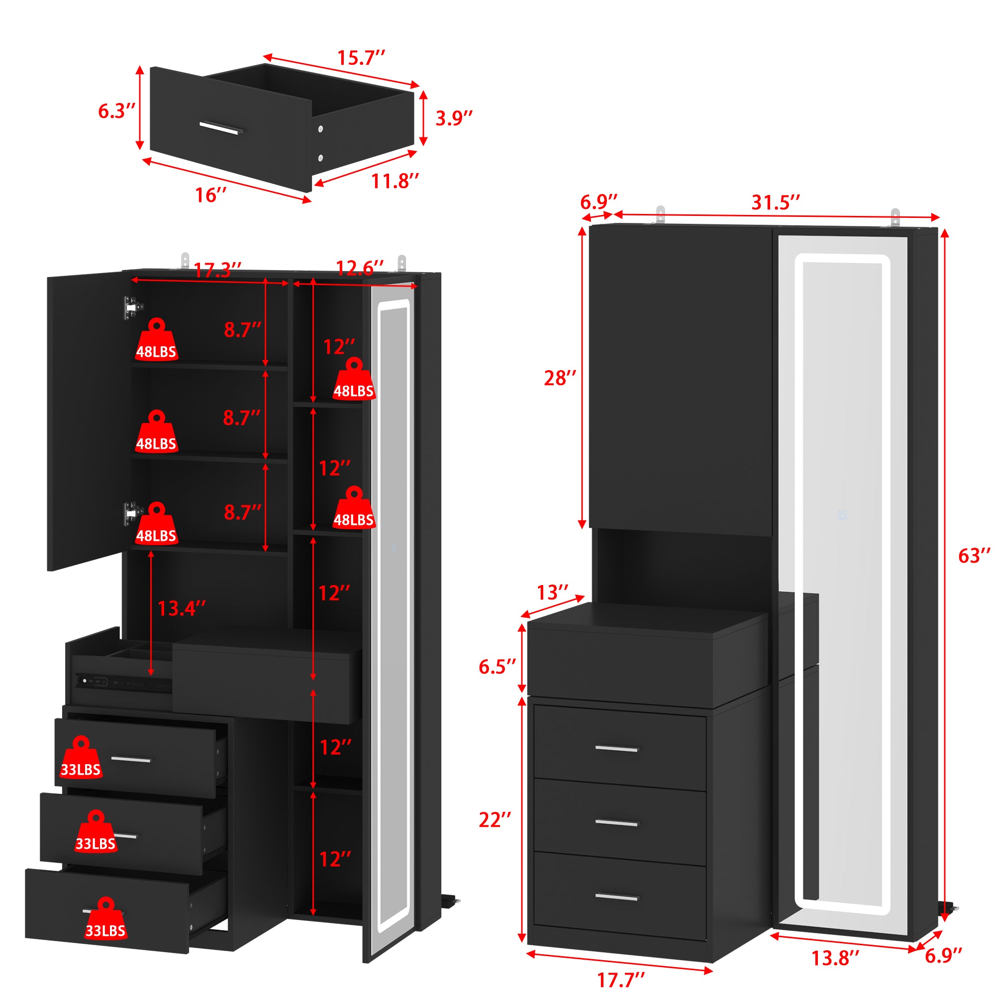 63'' H 3 Drawer Armoire Wardrobe With Adjustable LED Dressing Mirror