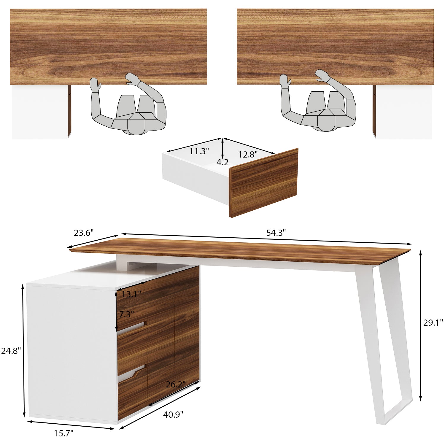 54.3" Mid-Century Modern L-Shaped Corner Computer Desk with Drawers and Wood Grain