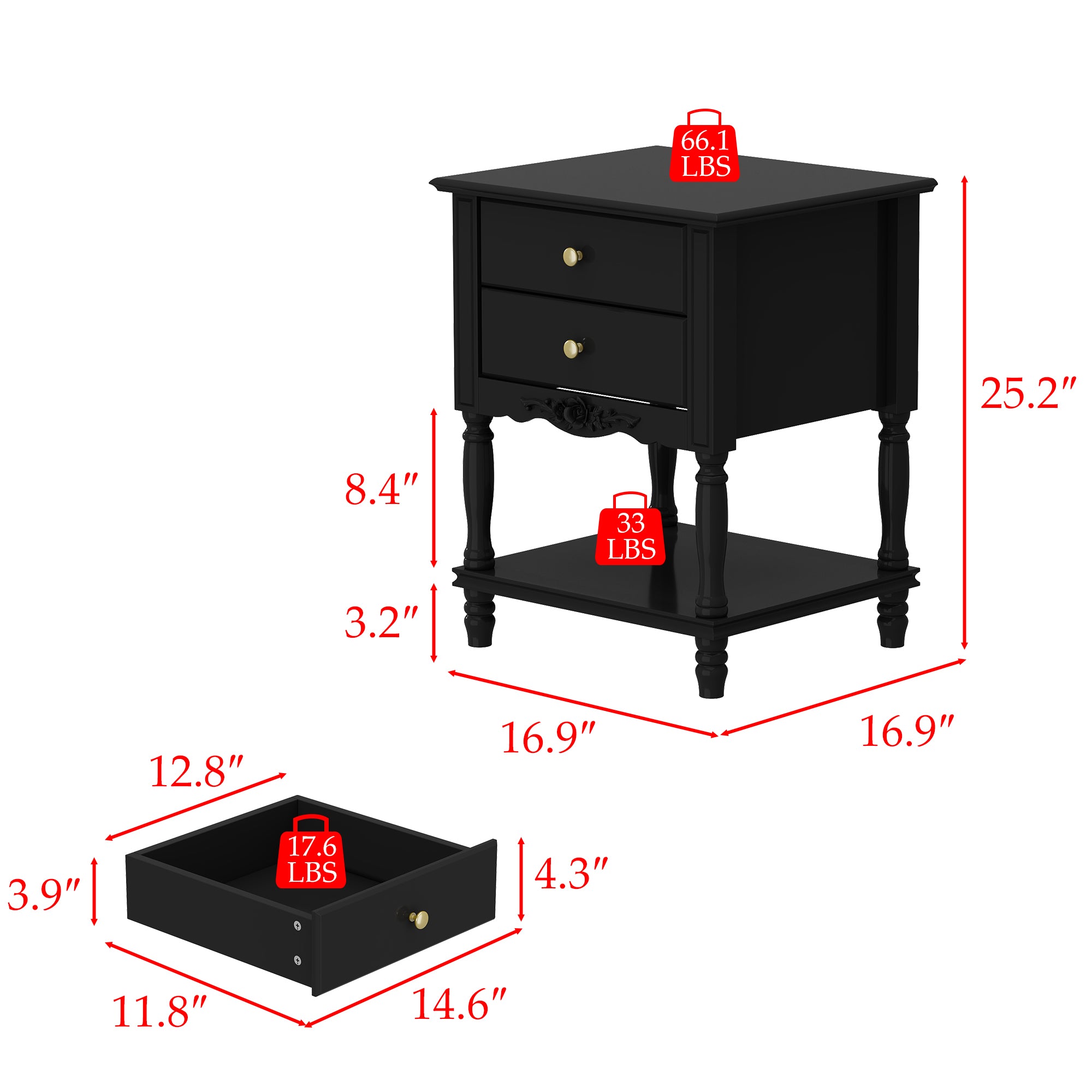 End Table Side Table Bedroom Night Stand Bedside Embossed Table with 2 Drawers & Open Shelf