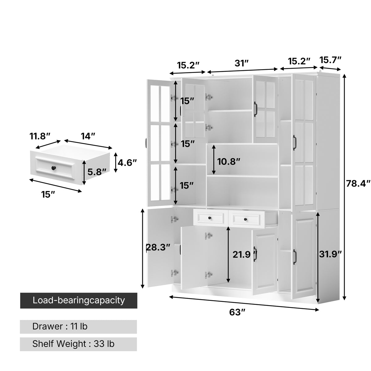 63 inches Modern White 2-Drawer Bookcase with Glass Doors