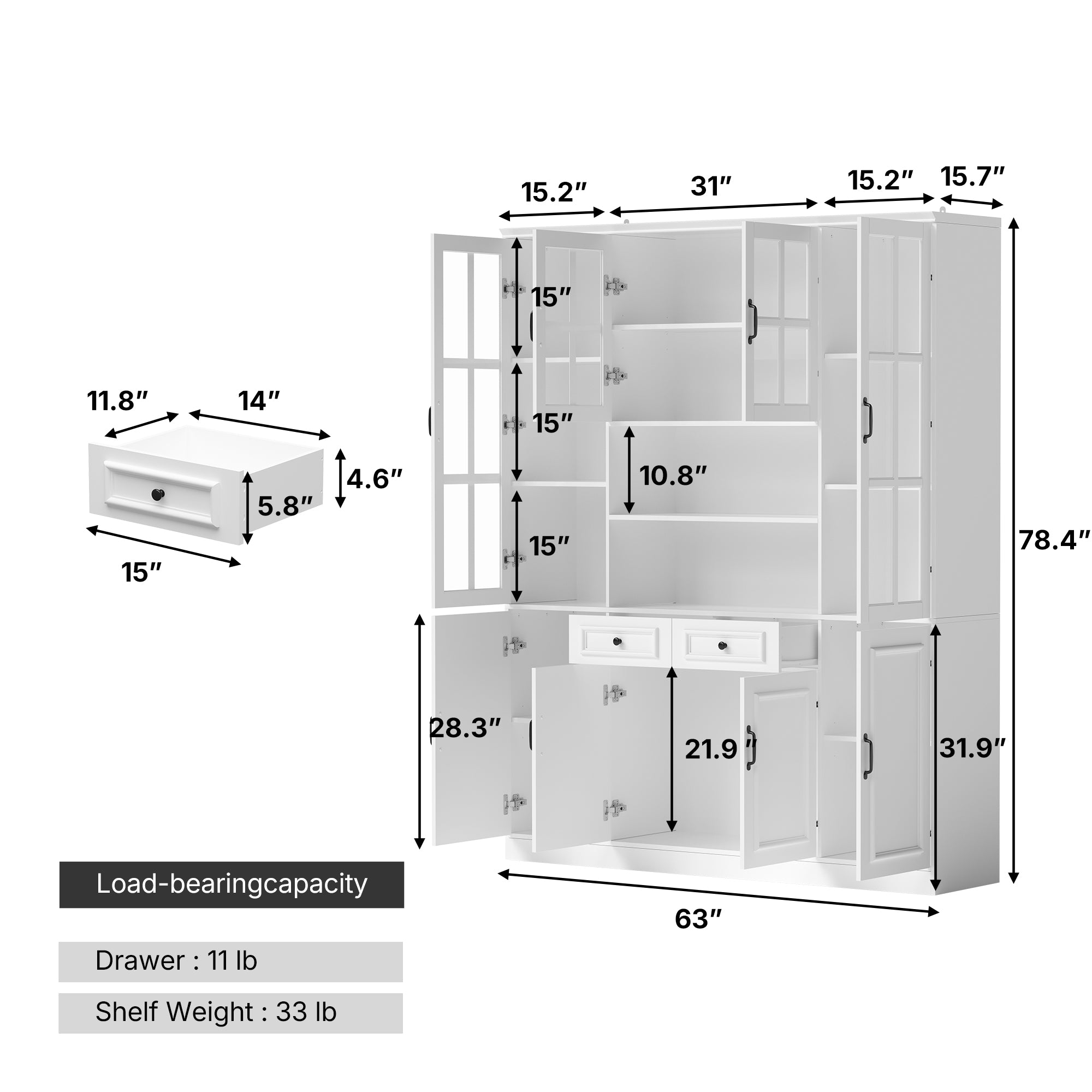63 inches Modern White 2-Drawer Bookcase with Glass Doors
