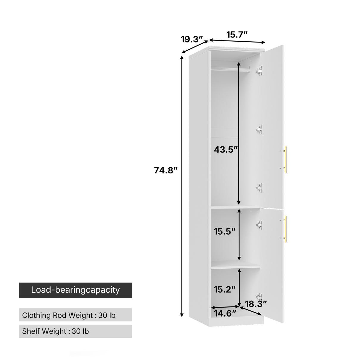 15.7 inches Modern White Compact Wardrobe with Dual Doors, Golden Handles and Multiple Storage Sections