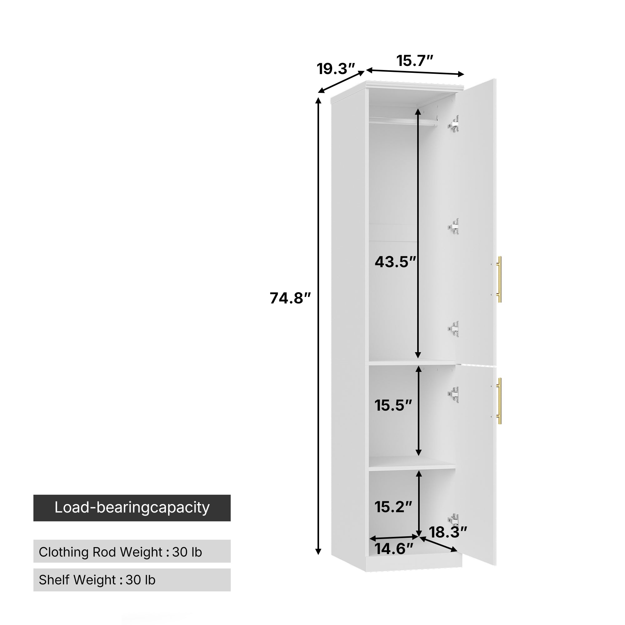 15.7 inches Modern White Compact Wardrobe with Dual Doors, Golden Handles and Multiple Storage Sections