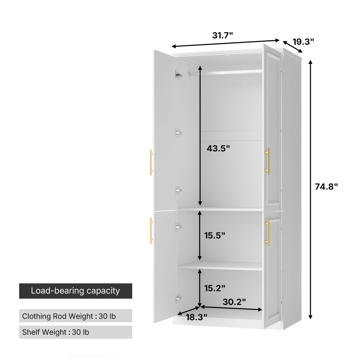 31.7 inches Modern White 4-Door Armoire