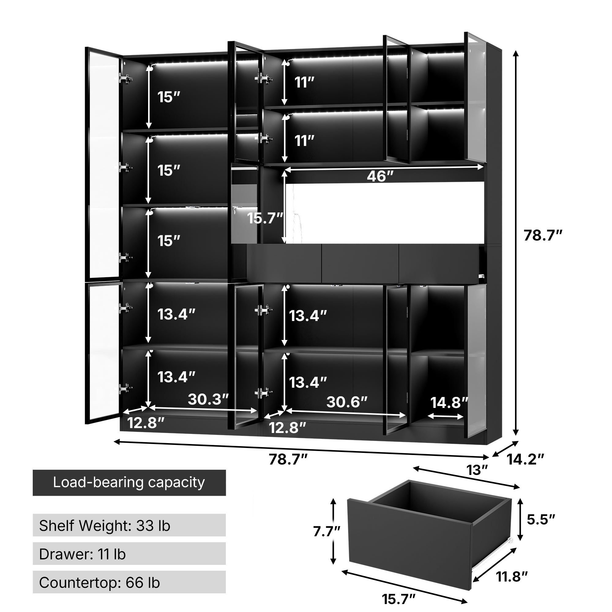78.7 inch Large Bookcase with Glass Doors and 3-Color Changing LED Lights
