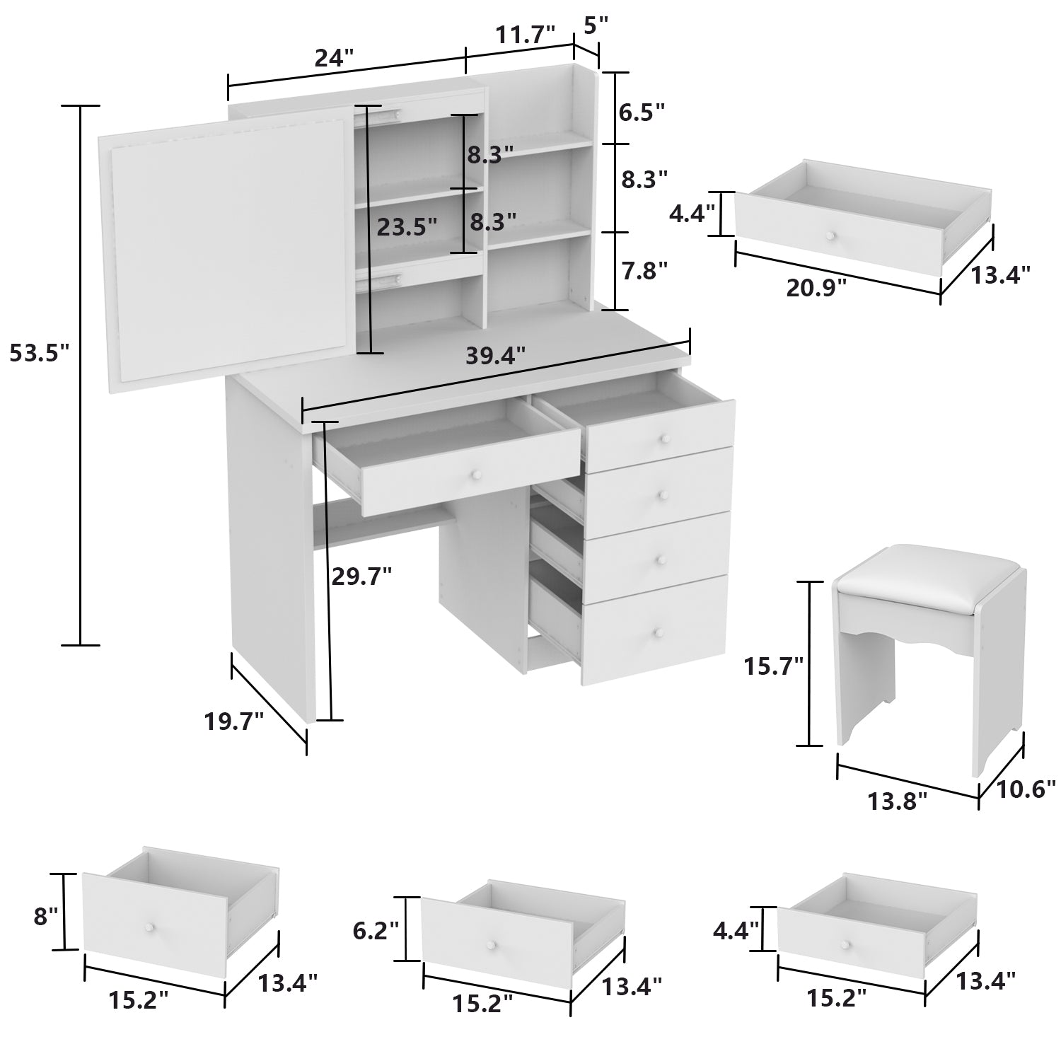 Makeup Vanity Set with Sliding Lighted Mirror, Cushioned Stool, 5 Drawers & Shelves