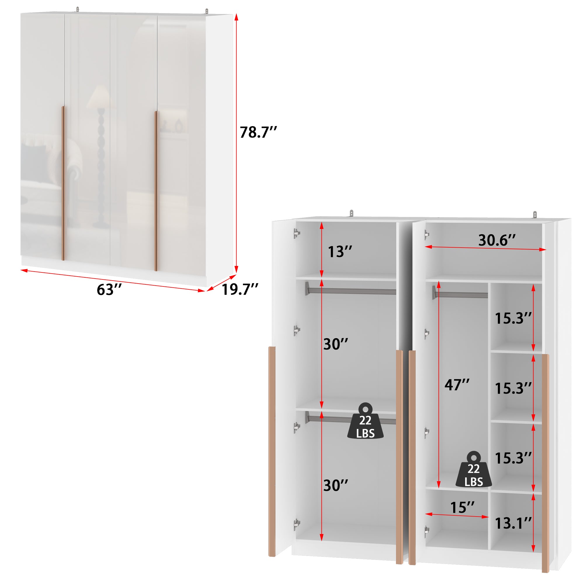63" White High Gloss Engineered Wood 4-Door Bedroom Wardrobe with Long Gold Handles & Multi-Zone Clothing Storage