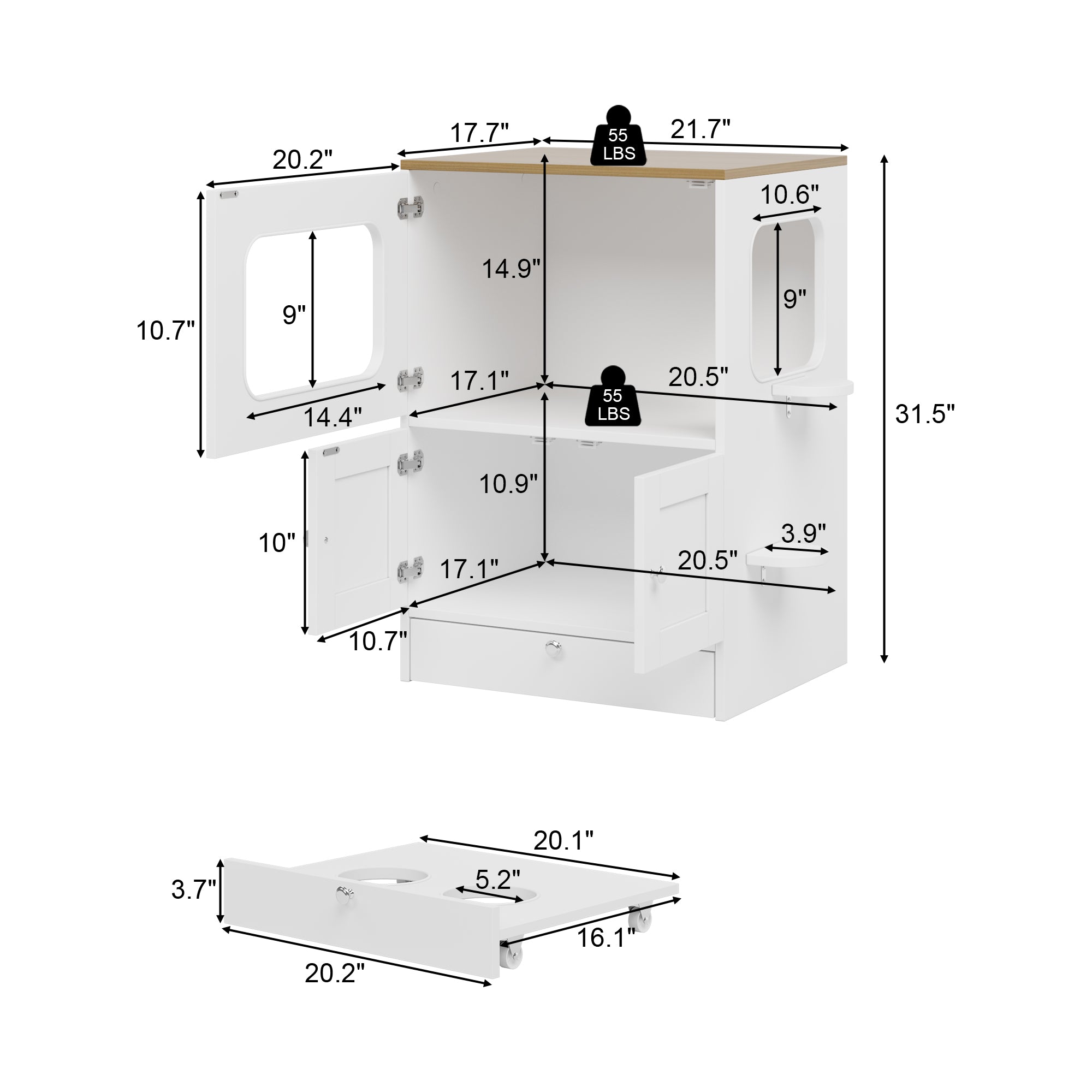 21.7 inches Modern White Multi-Functional Cat Condo Cabinet with Feeding Station and Storage