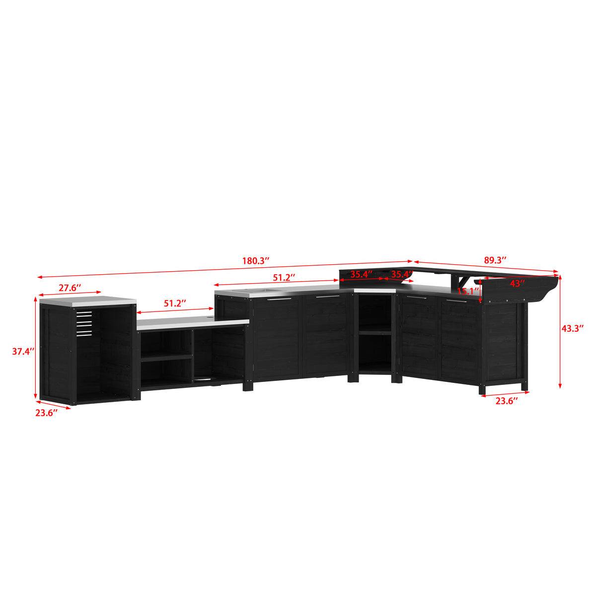 180.3" Modern Natural Solid Cedar Modular Outdoor Kitchen Island with Sink, Stainless Steel Top and Customizable Layout