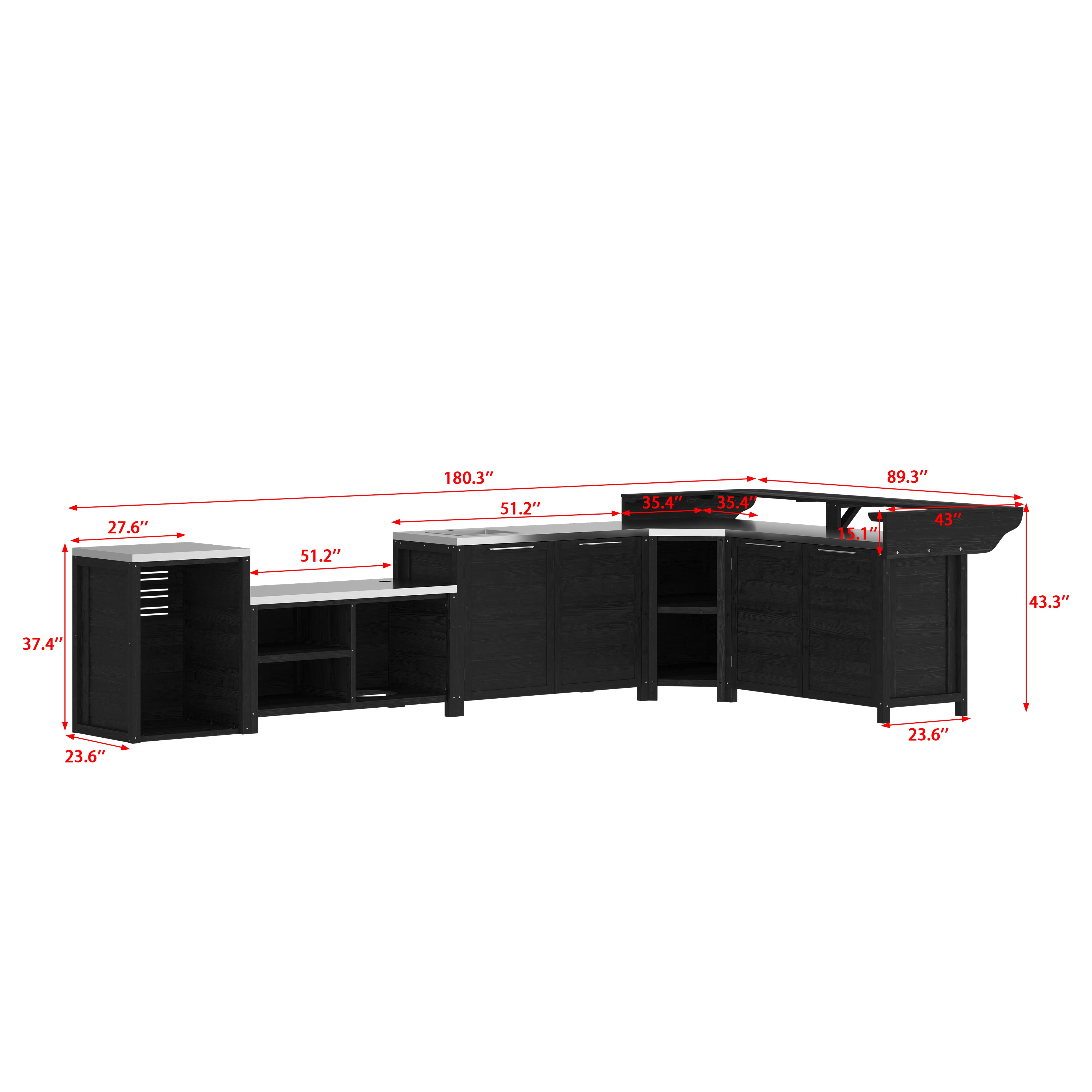 180.3" Modern Natural Solid Cedar Modular Outdoor Kitchen Island with Sink, Stainless Steel Top and Customizable Layout
