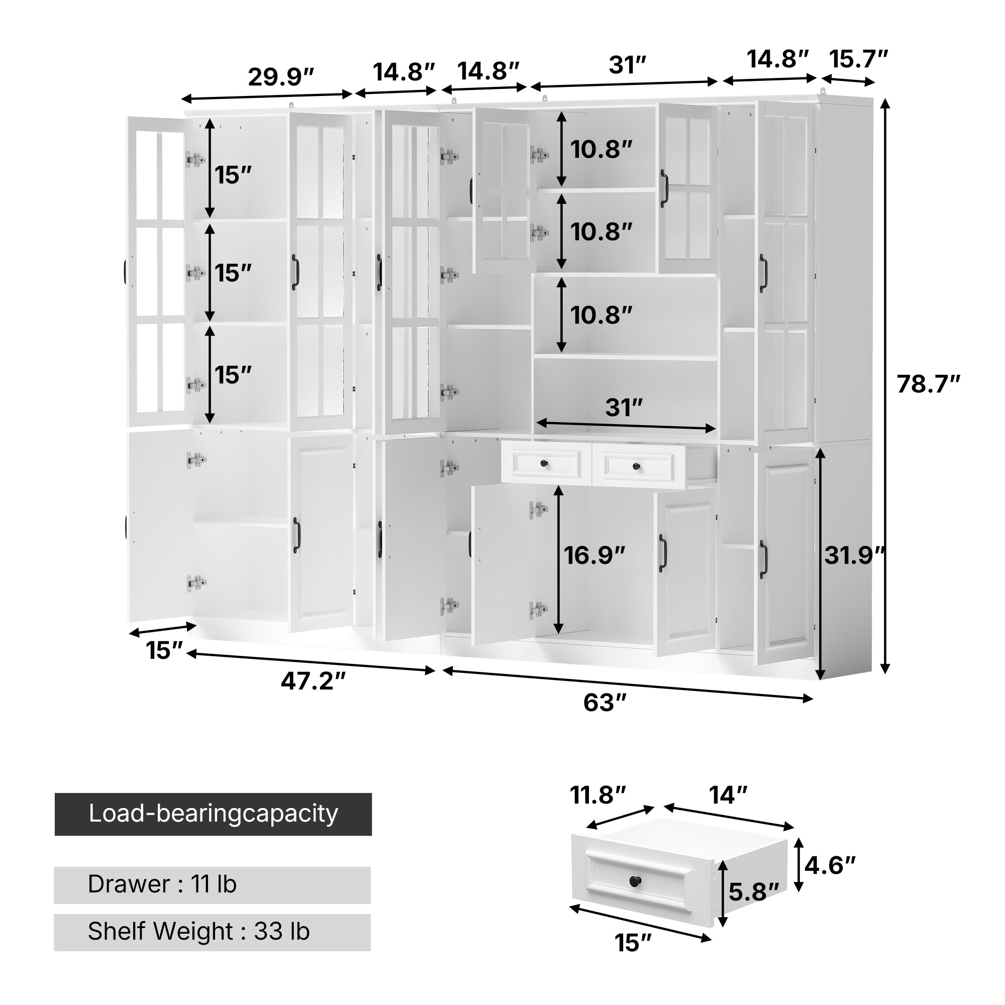 110 inch Elegant White Standard Storage Bookcase with Glass Doors and Shelves