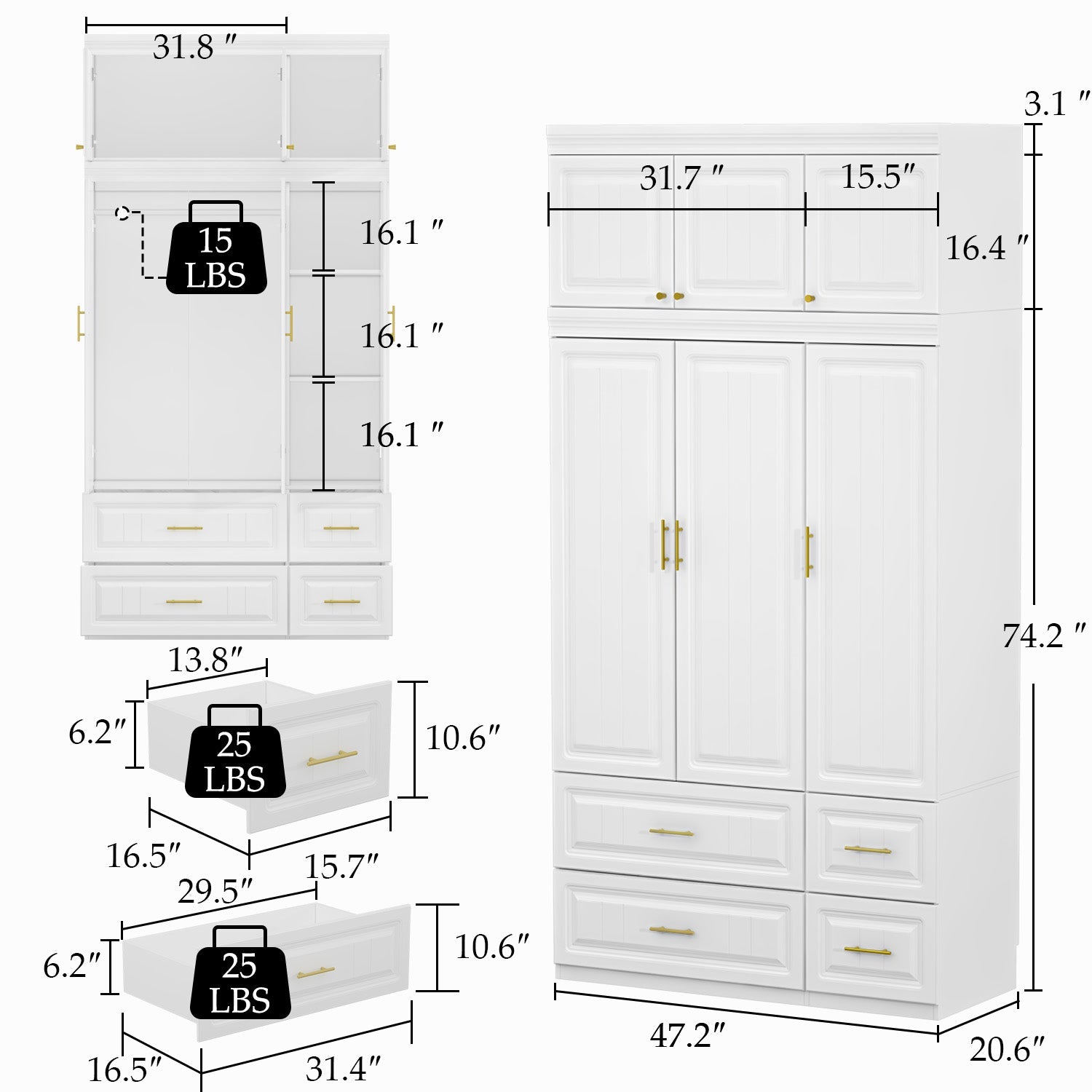Modern MDF Armoire With 3-Door Top Cabinet, Aluminum Hanging Rod, Quiet Glide Drawers, And Anti-Tip Hardwa