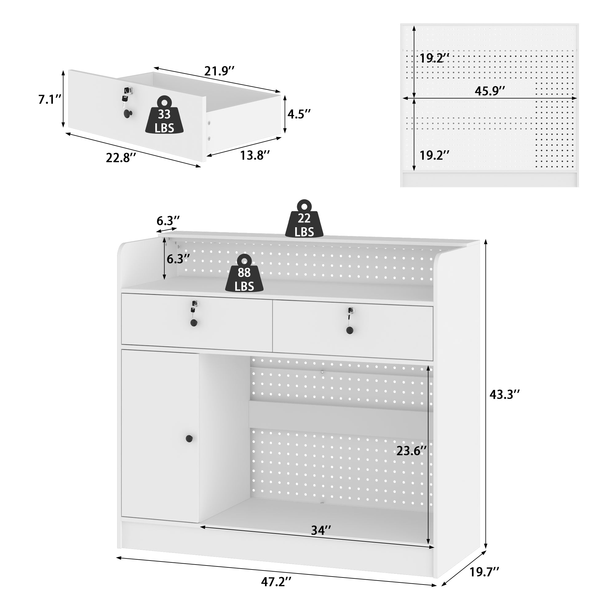 47.2 inches White Reception Desk with Metal Pegboard, Locking Drawers and Large Storage