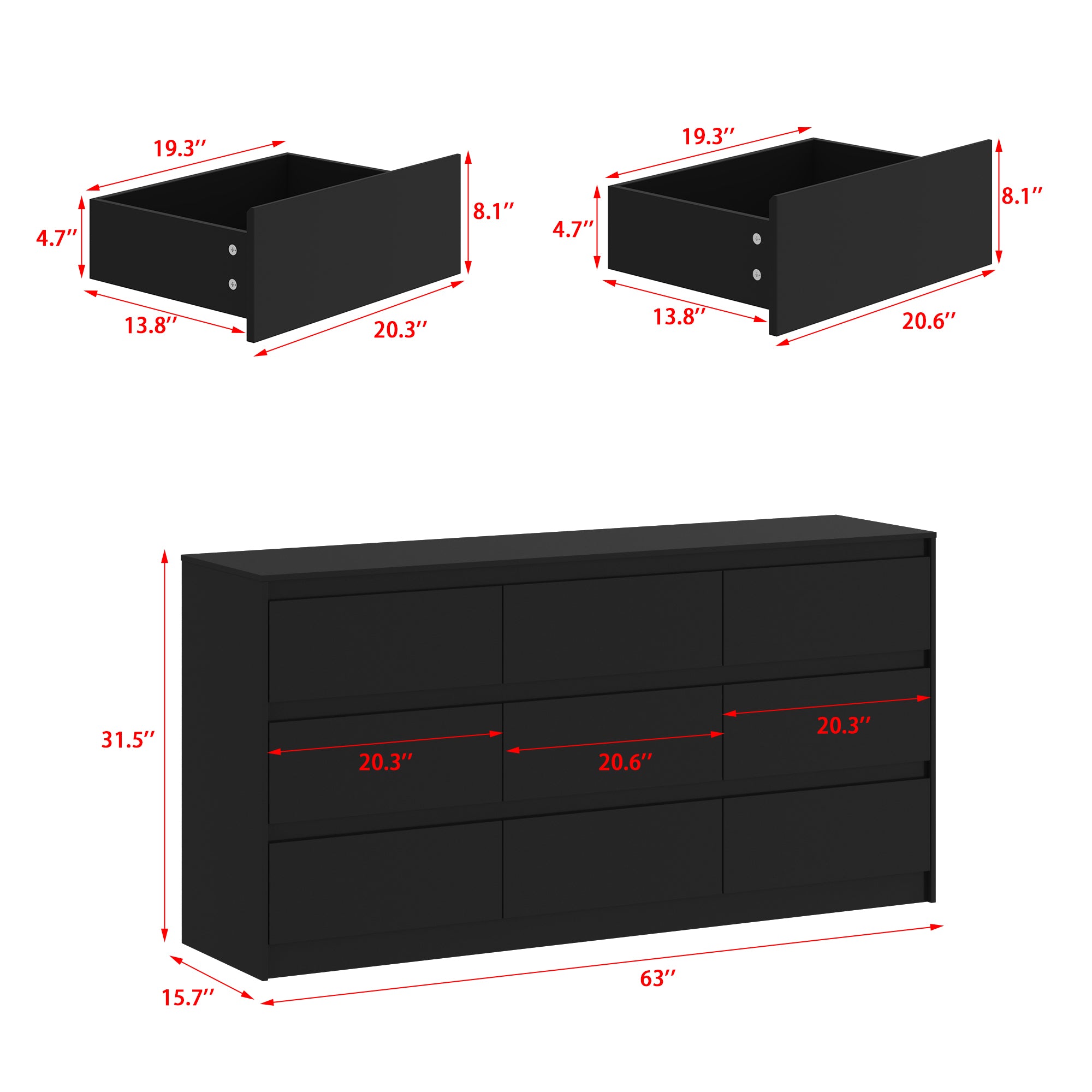 63” Wide Modern Minimalist 9-Drawer Dresser & Storage Sideboard