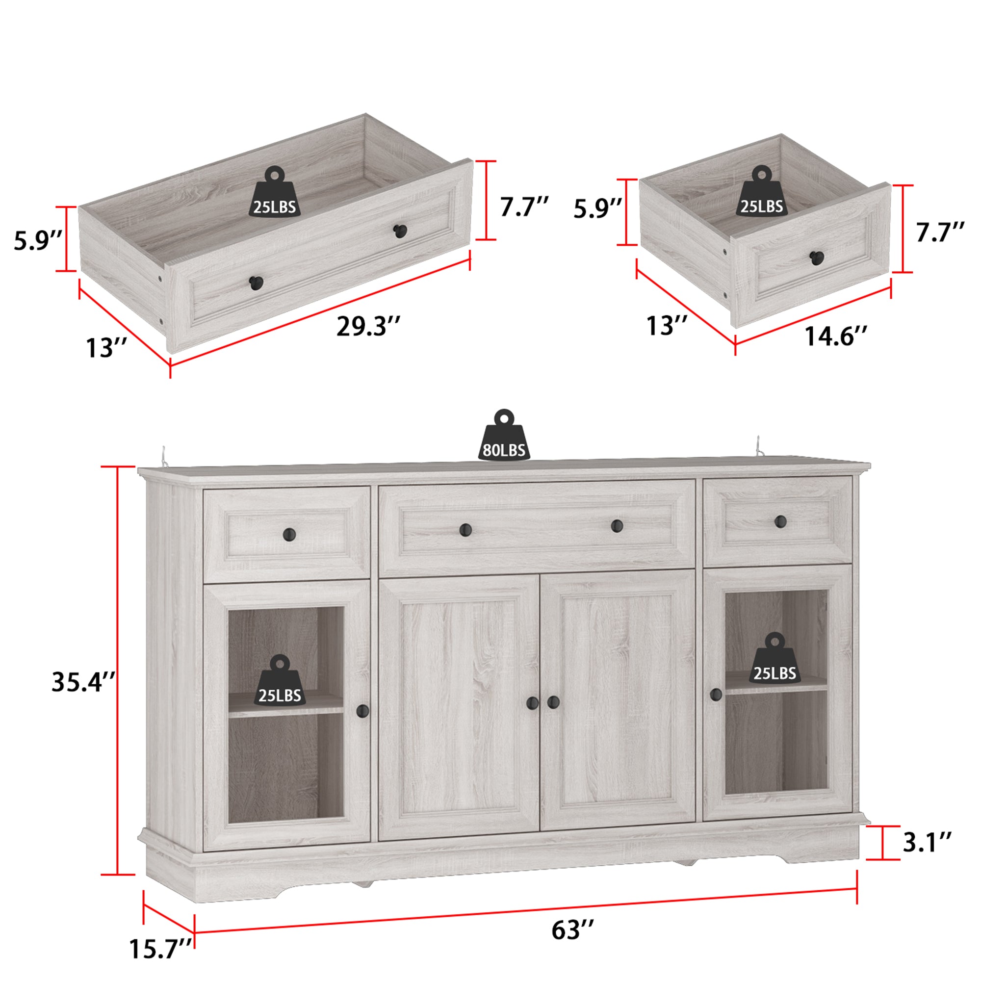 63'' Sideboard With 3 Drawer 4 Door