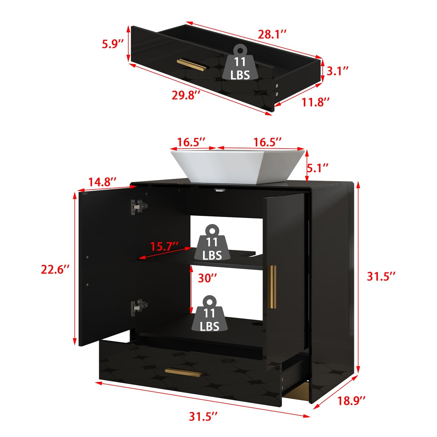 Black High Gloss Bathroom Vanity With Ceramic Sink