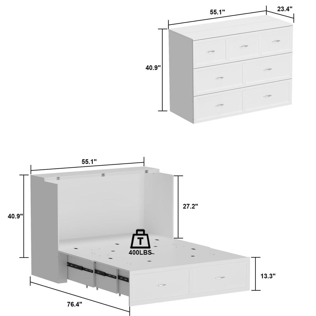 55.1 inches Modern Minimalist White Fold Out Bed With Power Outlets