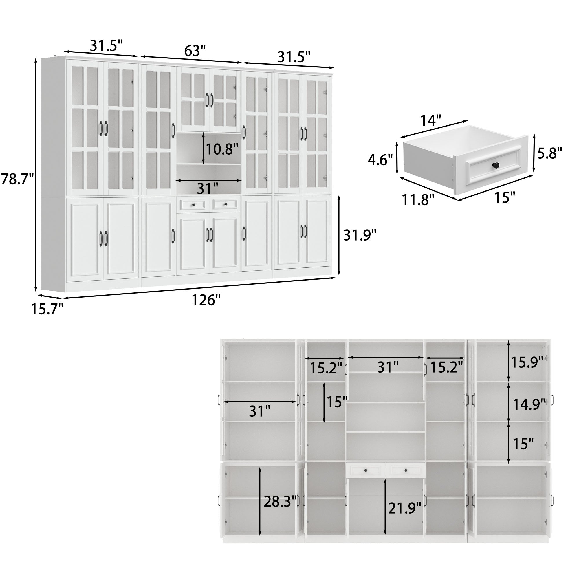 White bookcase set with glass doors, lower cabinets, and center open shelves