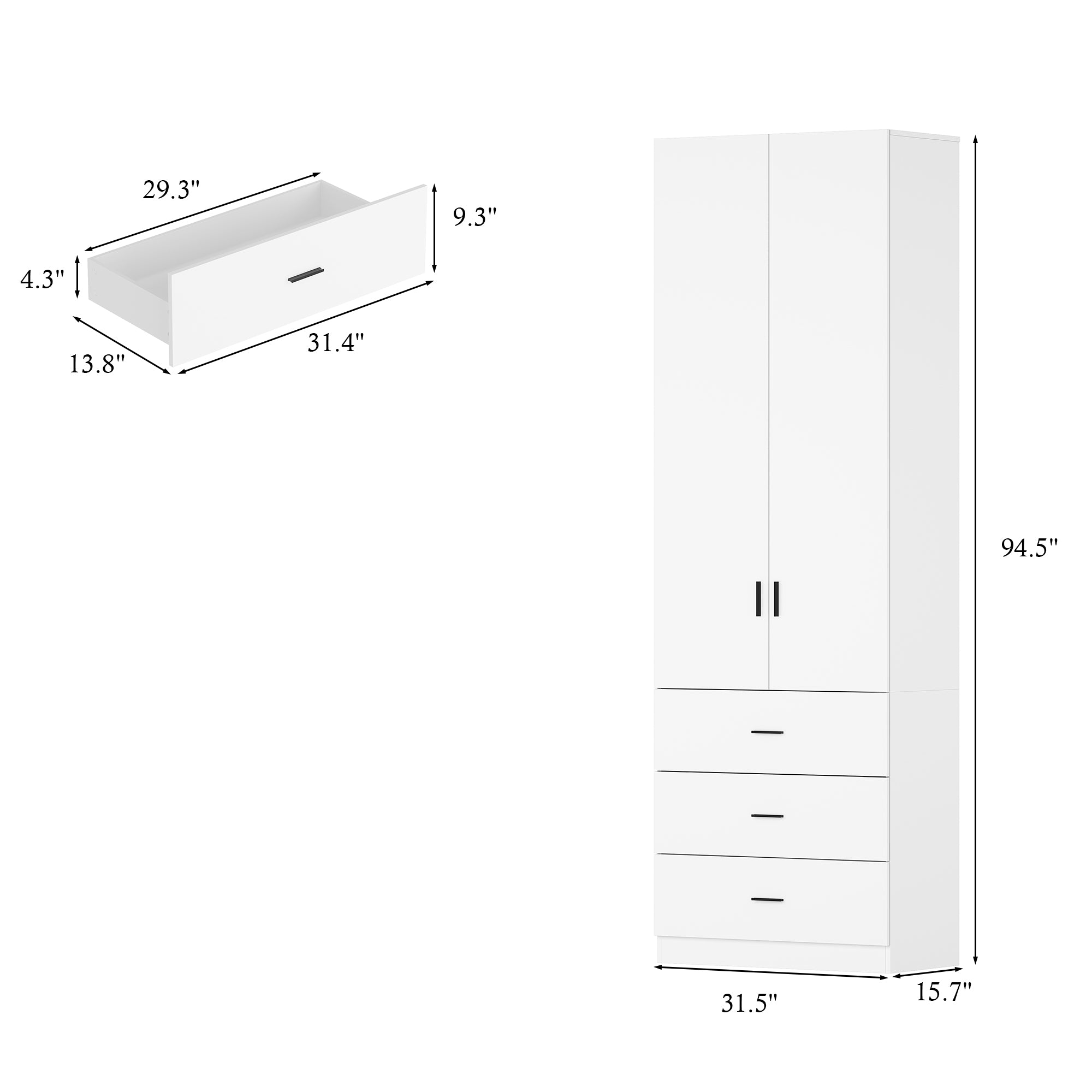 31.5 Inches White Engineered Wood Tall Garage Storage Cabinet with 2 Upper Doors and 3 Lower Drawers