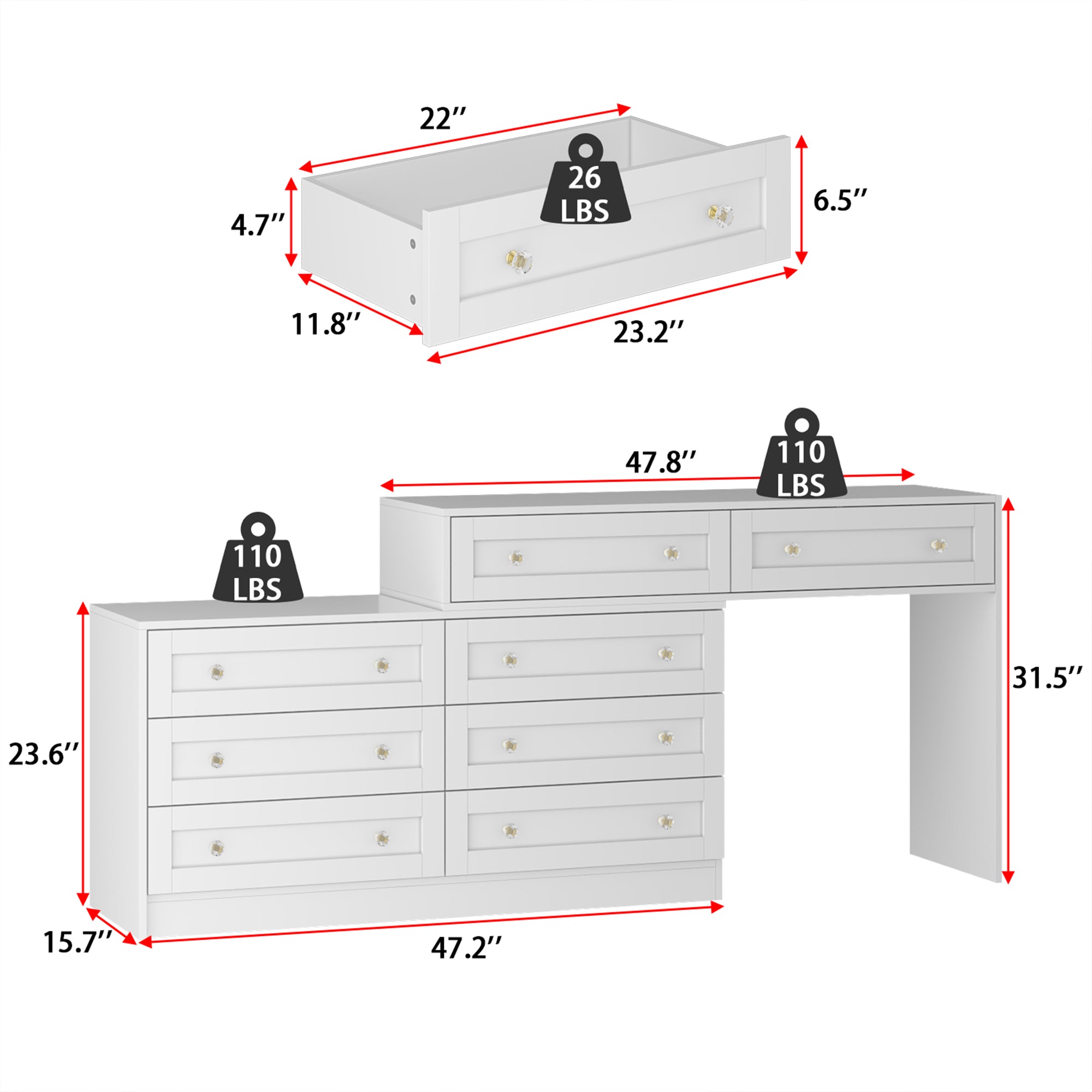 White Dresser and Vanity Versatile Storage Solution Crystal Desk