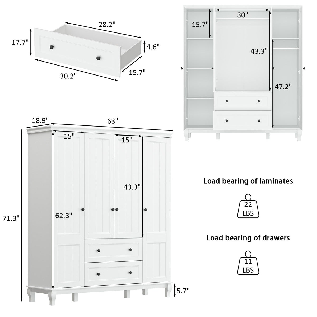 63 inches Modern Minimalist White Wardrobe Armoire with Storage Shelves and Drawers for Bedroom