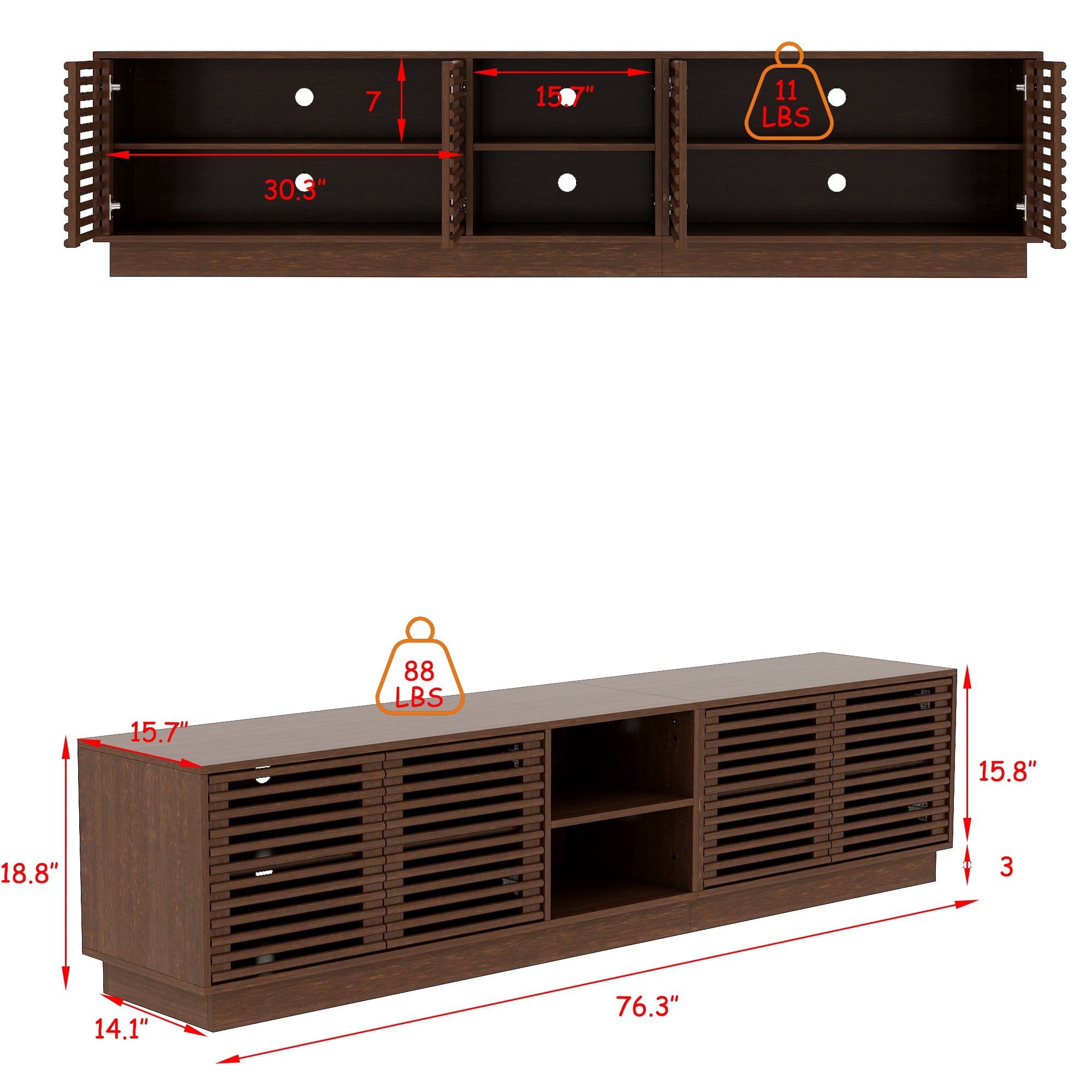 Mid-Century Modern TV Stand With Slatted Doors, Open Shelves, And Cable Management