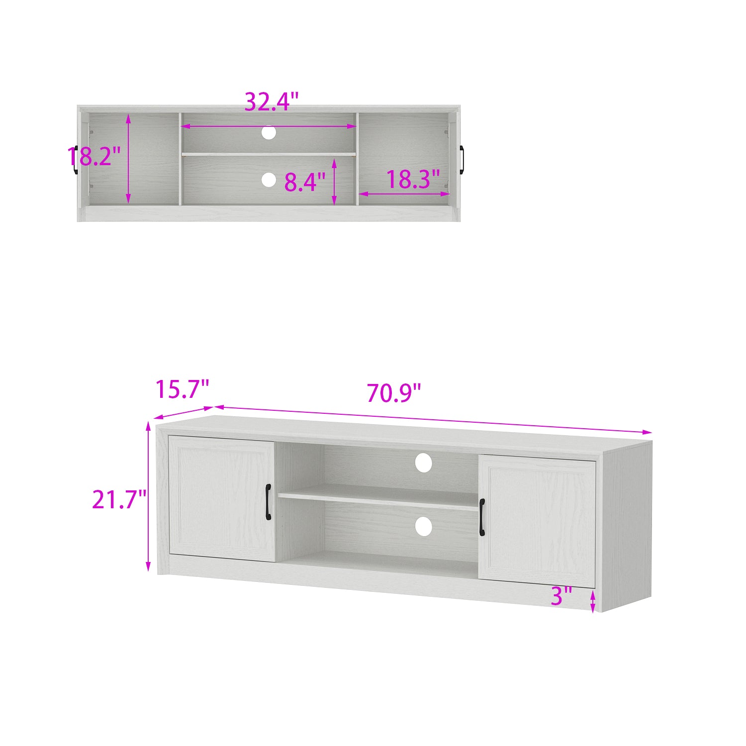 70.9" TV Stand With Adjustable Center Shelf, Black Metal Handles, And Dual Side Cabinets
