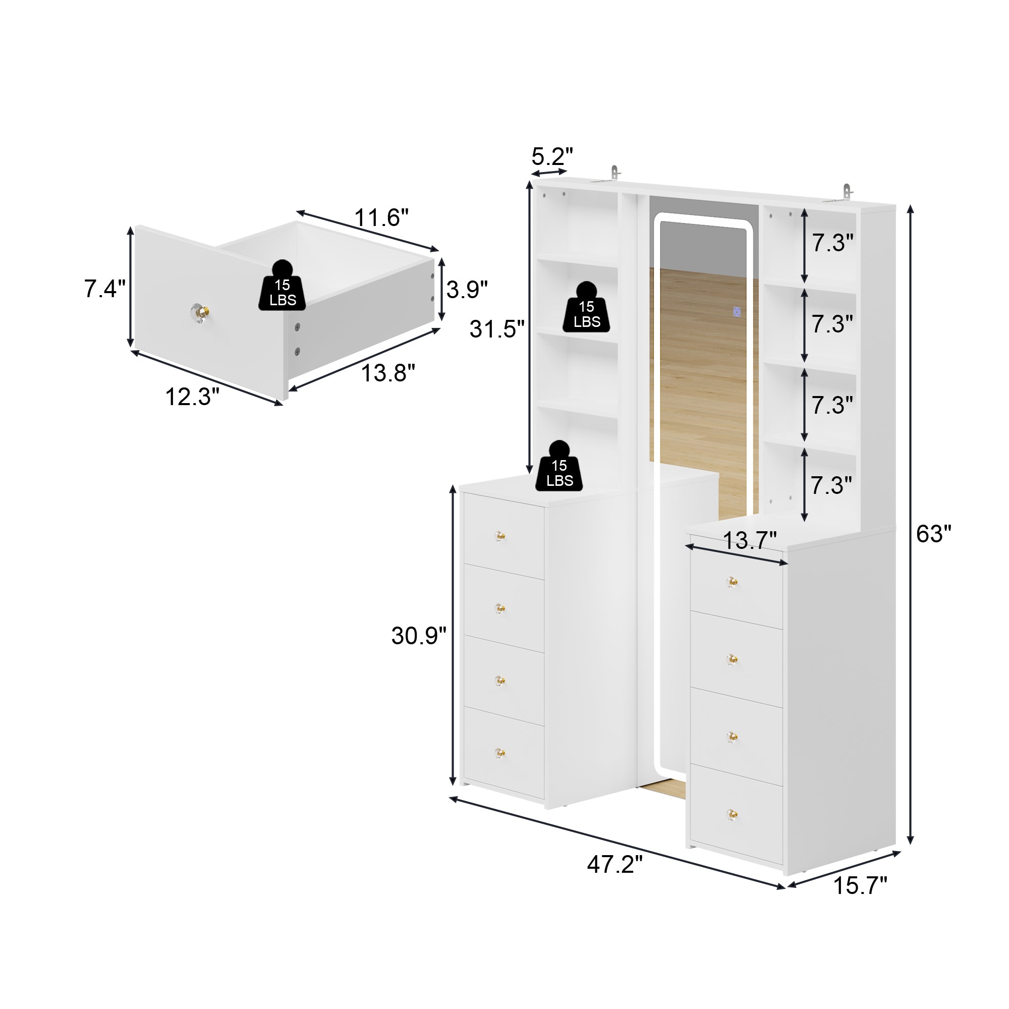 White makeup vanity with full-length LED mirror, side shelves, and drawer storage