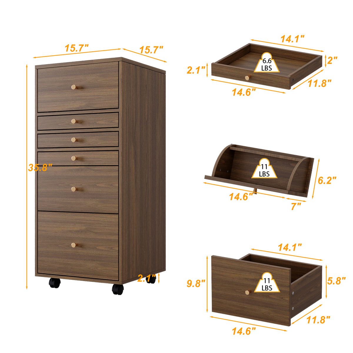 15.7 inch Mid-century Brown Movable Vanity Table with LED Mirror & 4 Drawers