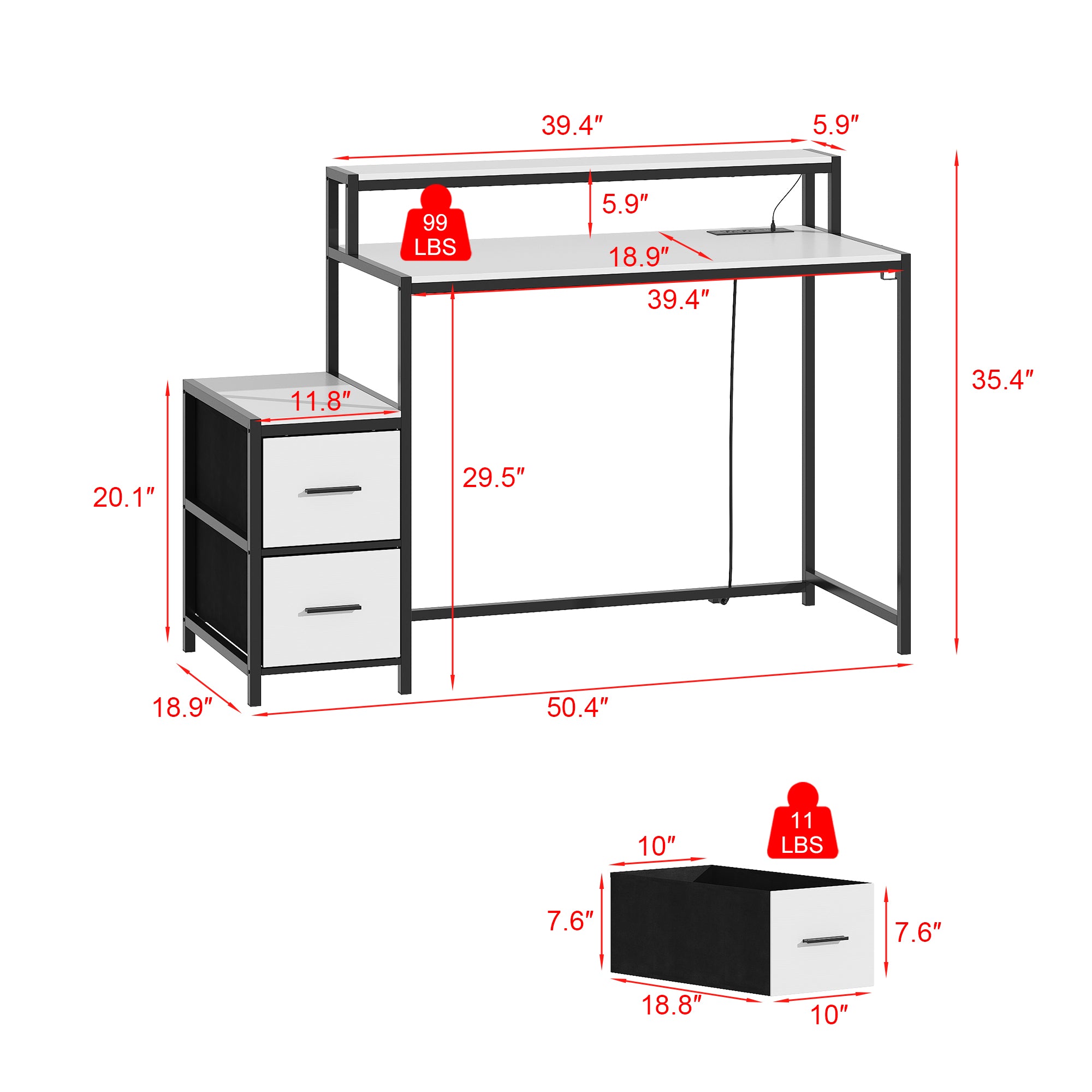 Computer Desk With Monitor Stand & Charging Station, Gaming Desk With LED Lights & Drawers