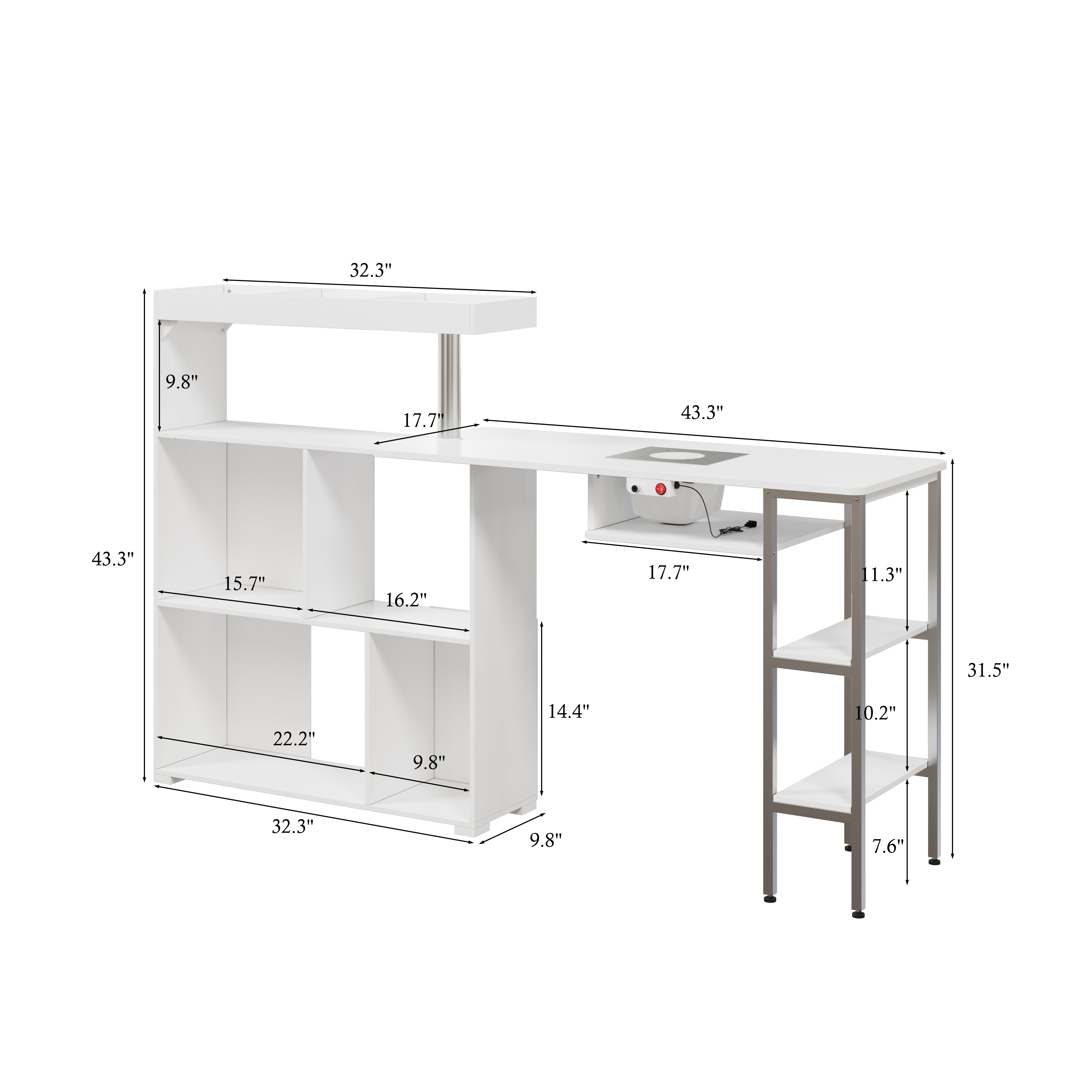 43.3". Modern White Manicure Table with Built-In Dust Collector and Rotating Storage Shelves