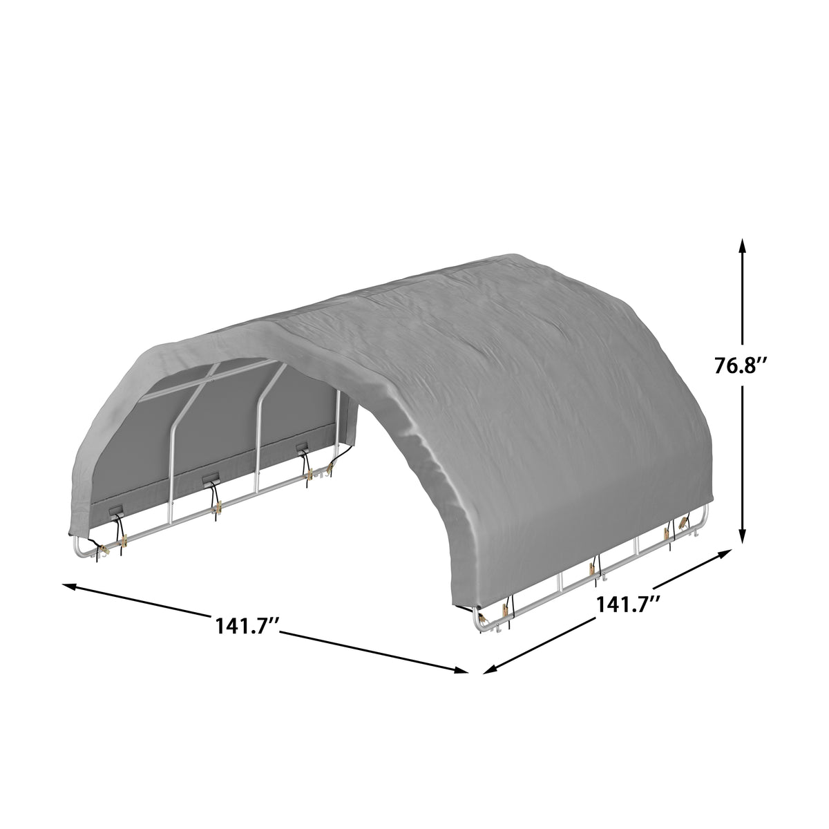 Measurement chart of a gray carport with dimensions labeled