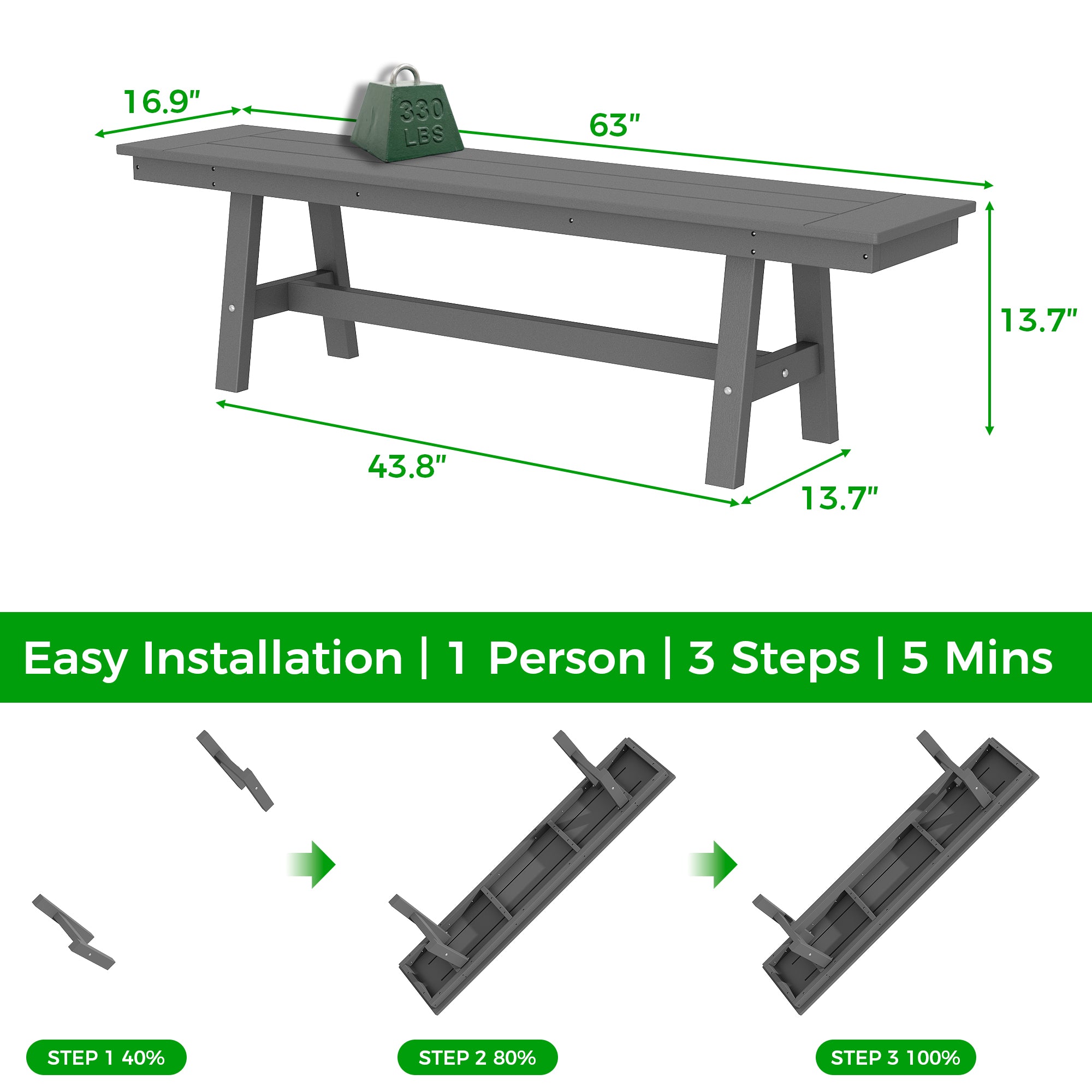 Gray workbench with dimensions and installation steps on a white background