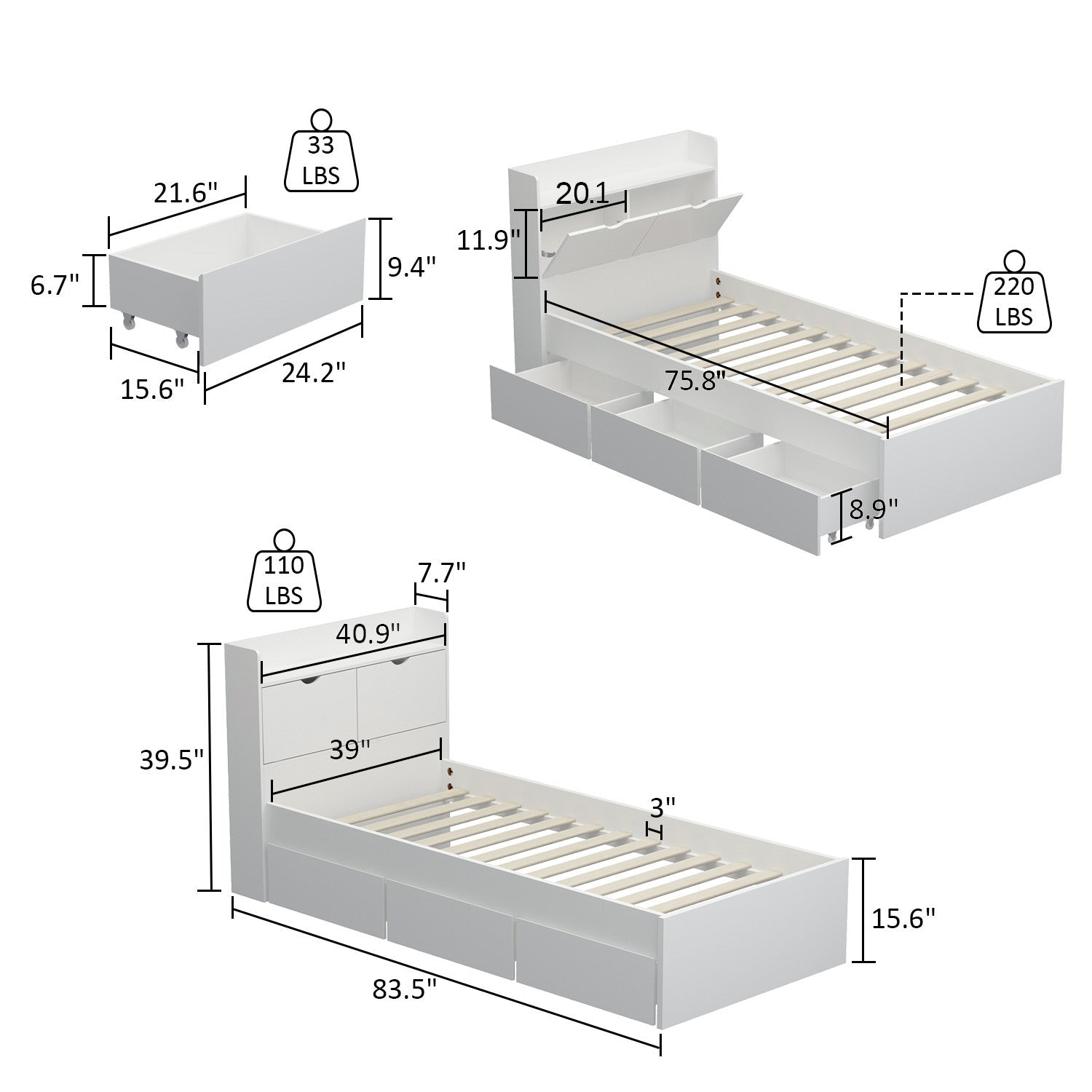Platform Storage Queen Bed with Storage Headboard and 2 Drawers
