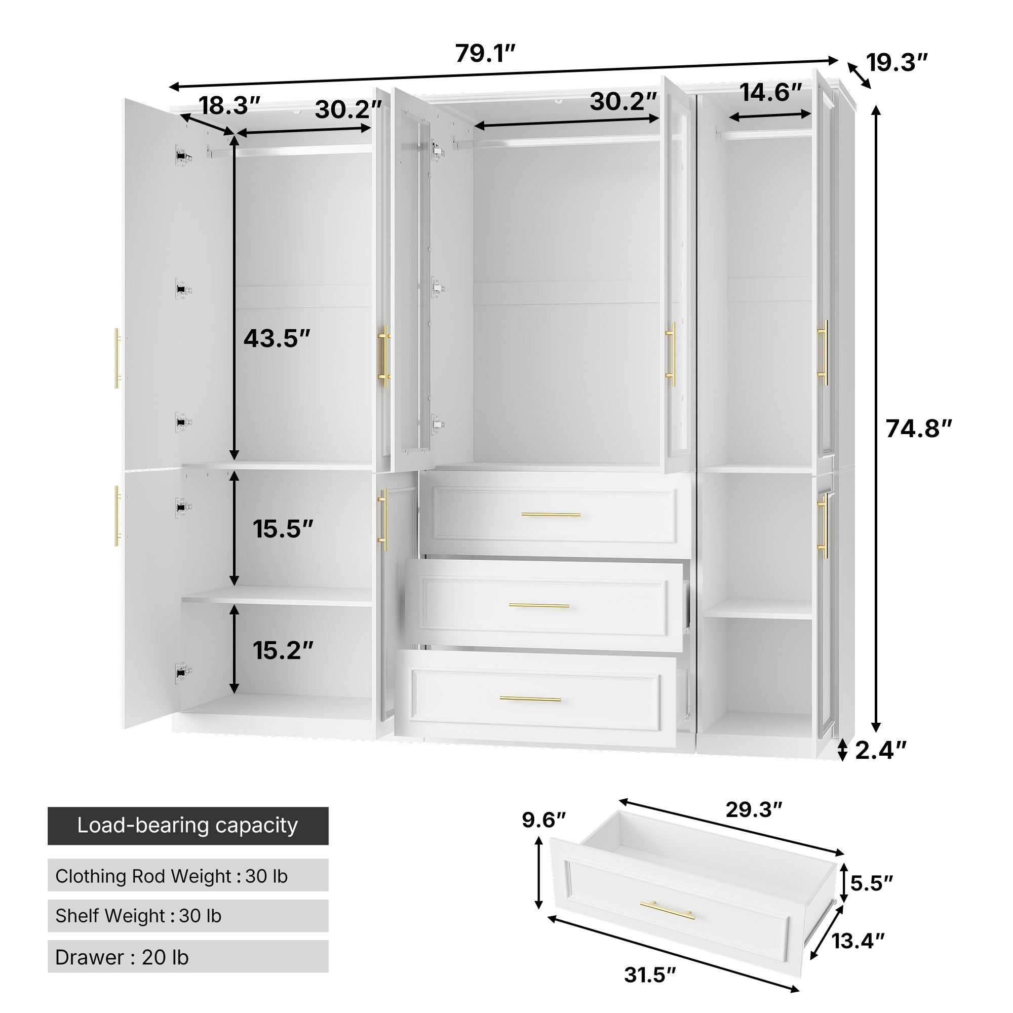 79.3 inch Luxe White Armoire with 8 Doors and 3 Drawers