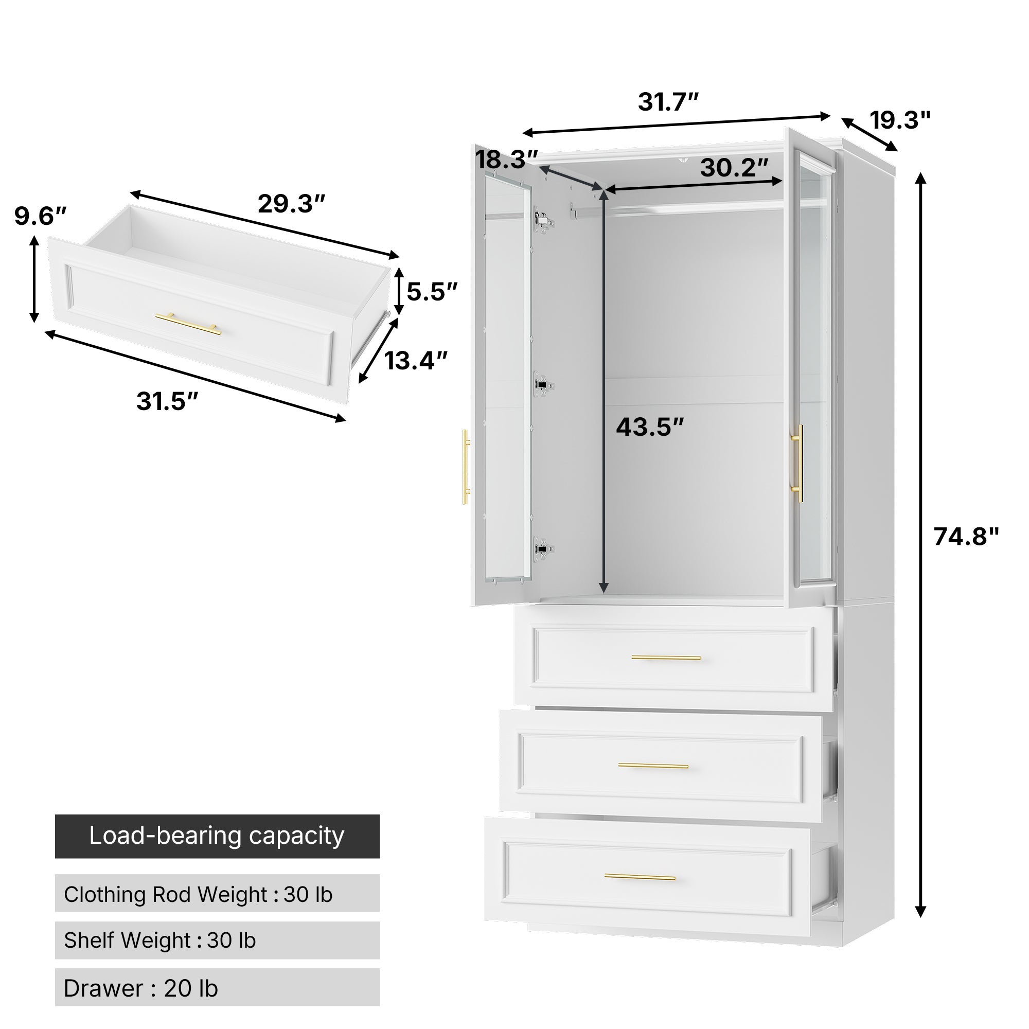 31.7 inches Modern White Glass Door Armoire with Hanging Rod and 3 Drawers