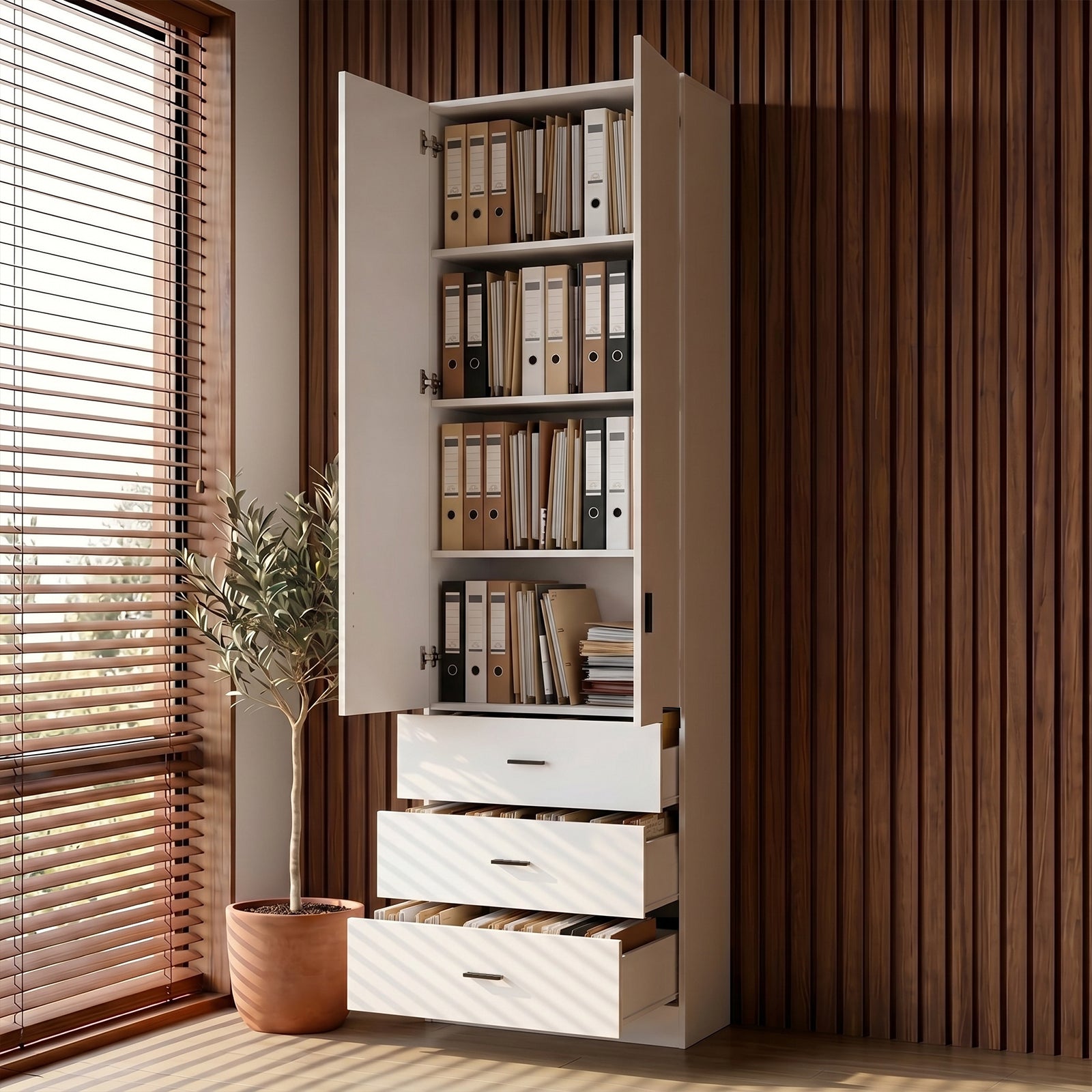 31.5 Inches White Engineered Wood Tall Garage Storage Cabinet with 2 Upper Doors and 3 Lower Drawers