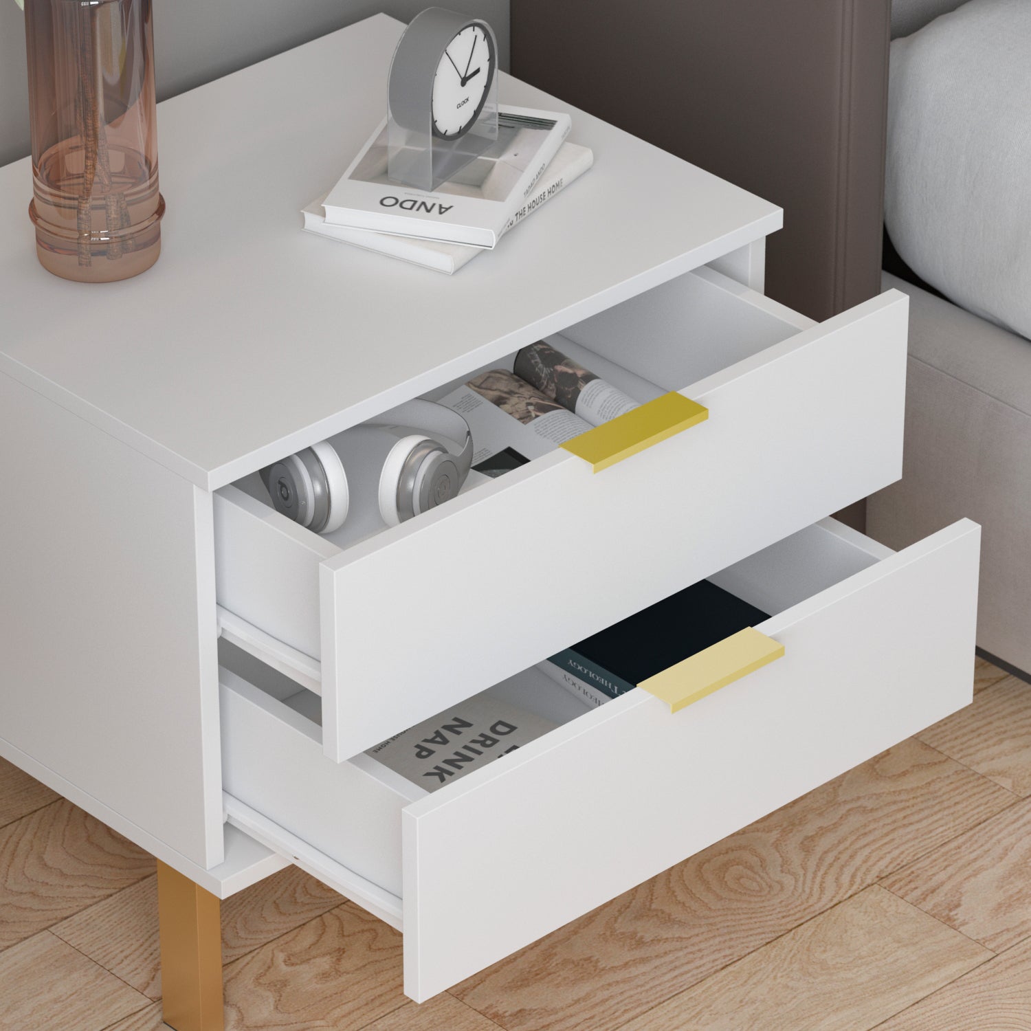 Nightstand with 2 Drawers End Table with Gold Metal Legs for Bedroom