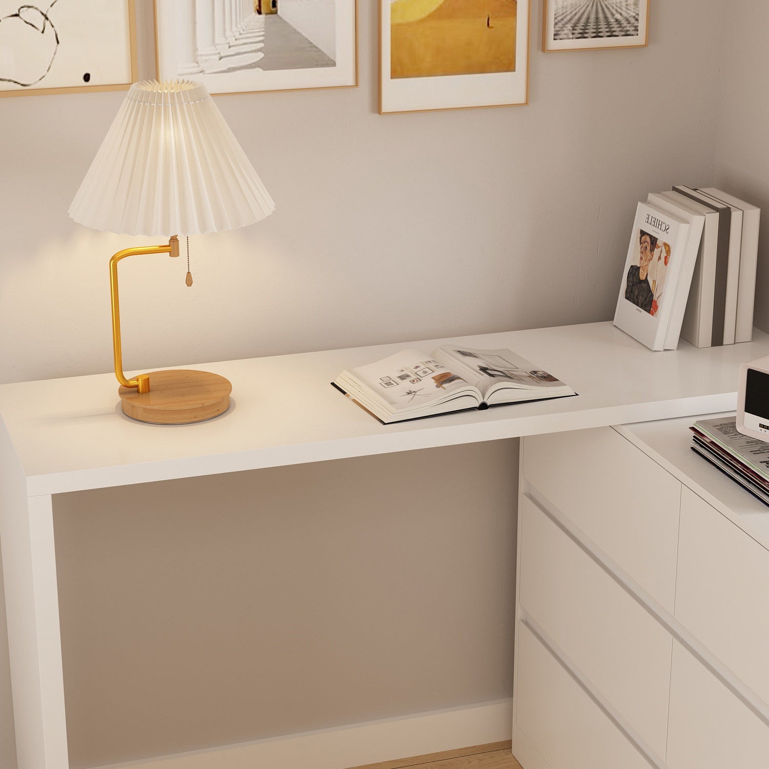 L-Shaped Rotatable Dresser Writing Table with 6 Drawers